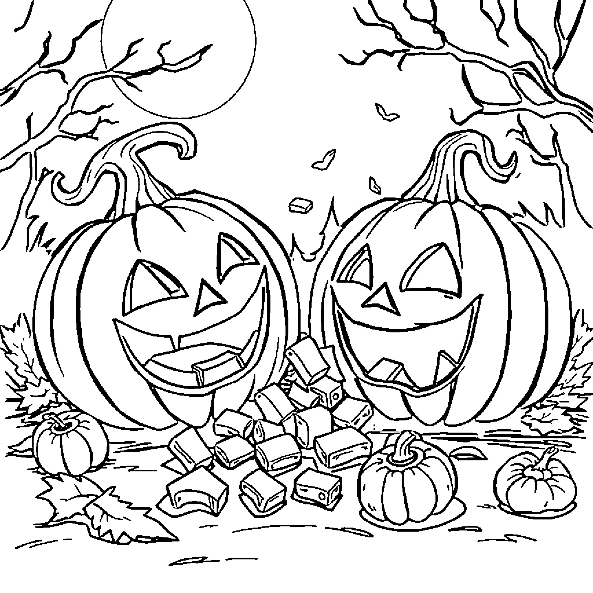 Jack-o'-lanterns enjoying a spooky autumn night Coloring Page (free black-and-white line drawing printable PDF for all, from beginners to advanced learners, including children, teens, adults, and seniors)