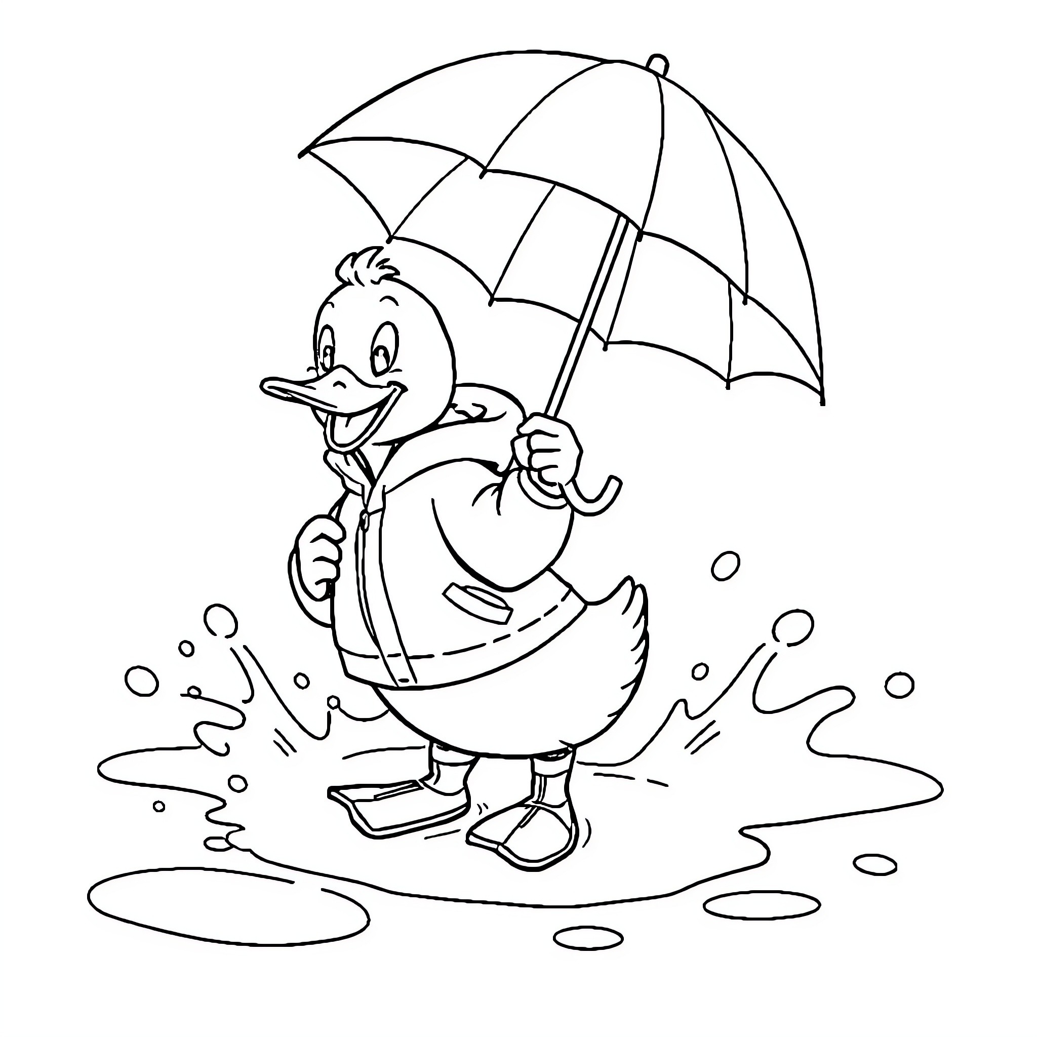 Duck walking happily with umbrella in the rain Coloring Page (free black-and-white line drawing printable PDF for all, from beginners to advanced learners, including children, teens, adults, and seniors)