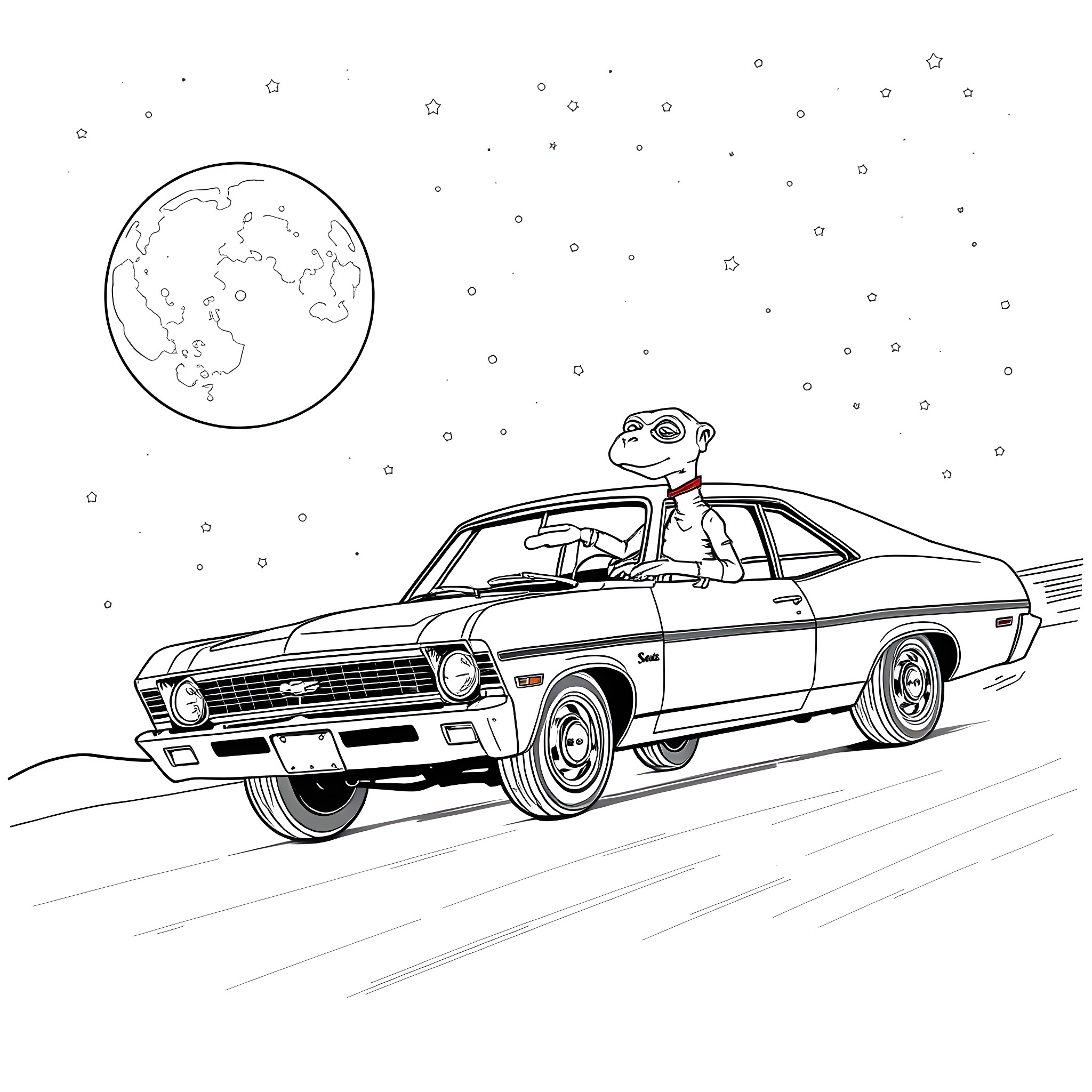 Chevy Nova speeding through the night sky Coloring Page (free black-and-white line drawing printable PDF for all, from beginners to advanced learners, including children, teens, adults, and seniors)