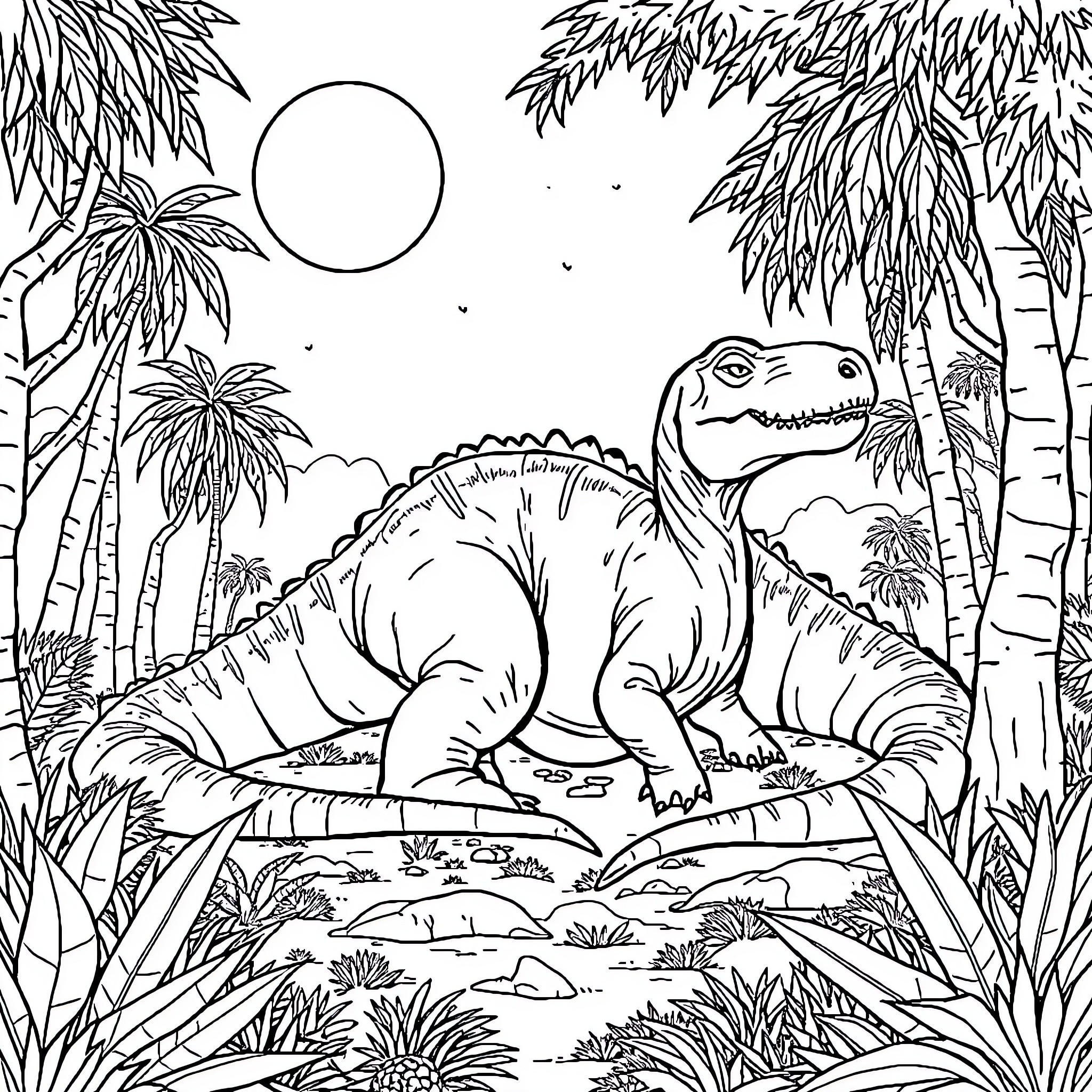 Dinosaur in Tropical Jungle Landscape Coloring Page (free black-and-white line drawing printable PDF for all, from beginners to advanced learners, including children, teens, adults, and seniors)