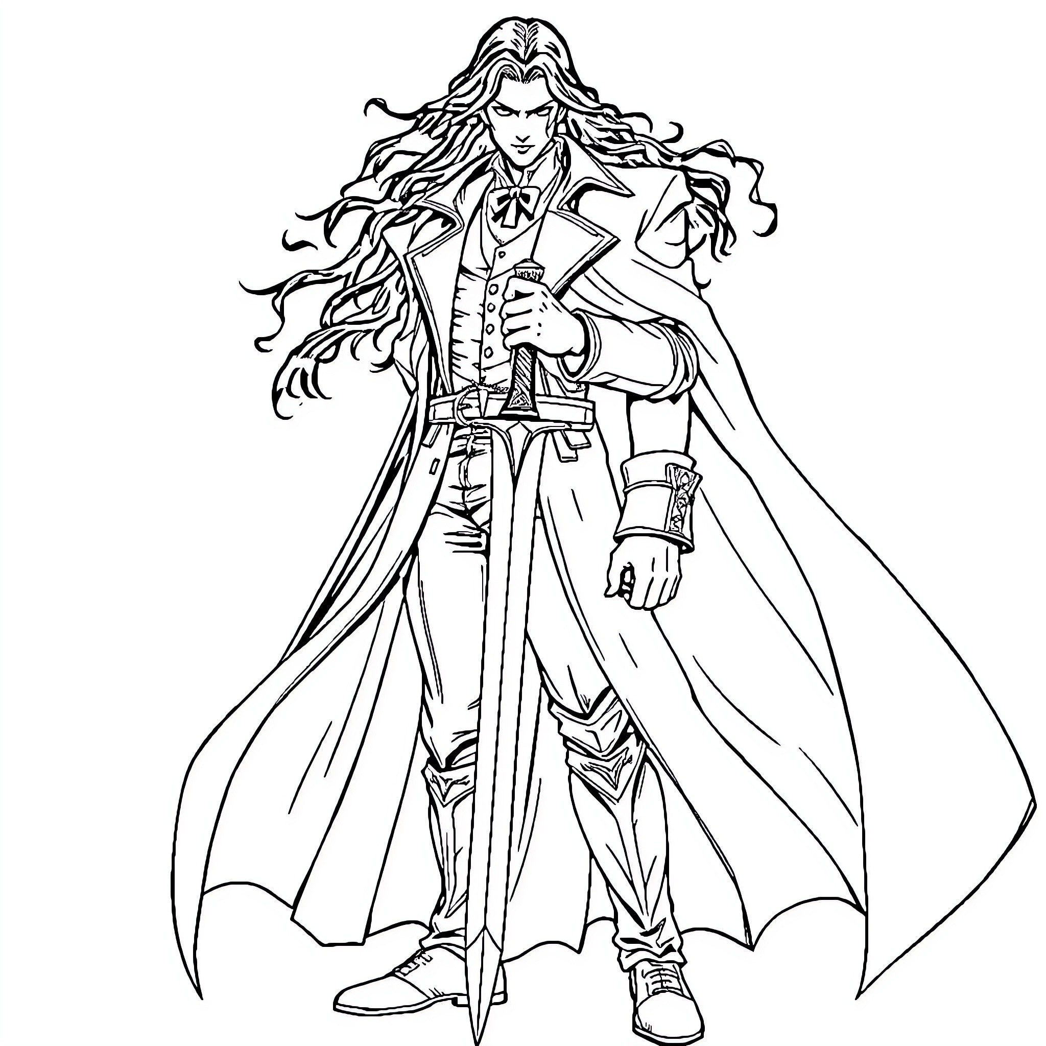 Alucard, the Charismatic Vampire Lord Coloring Page (free black-and-white line drawing printable PDF for all, from beginners to advanced learners, including children, teens, adults, and seniors)