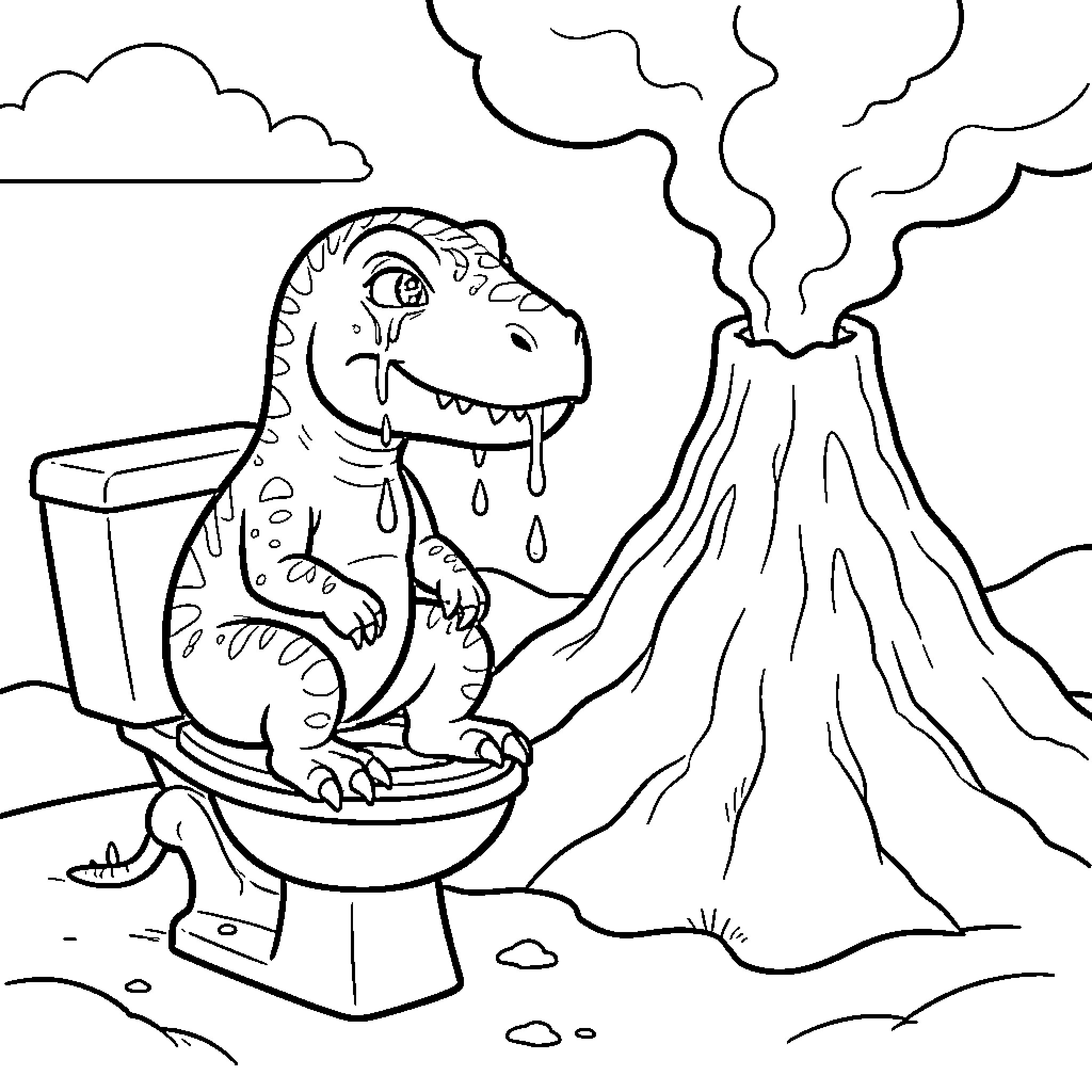 Dinosaur sitting on a toilet near a volcano Coloring Page (free black-and-white line drawing printable PDF for all, from beginners to advanced learners, including children, teens, adults, and seniors)