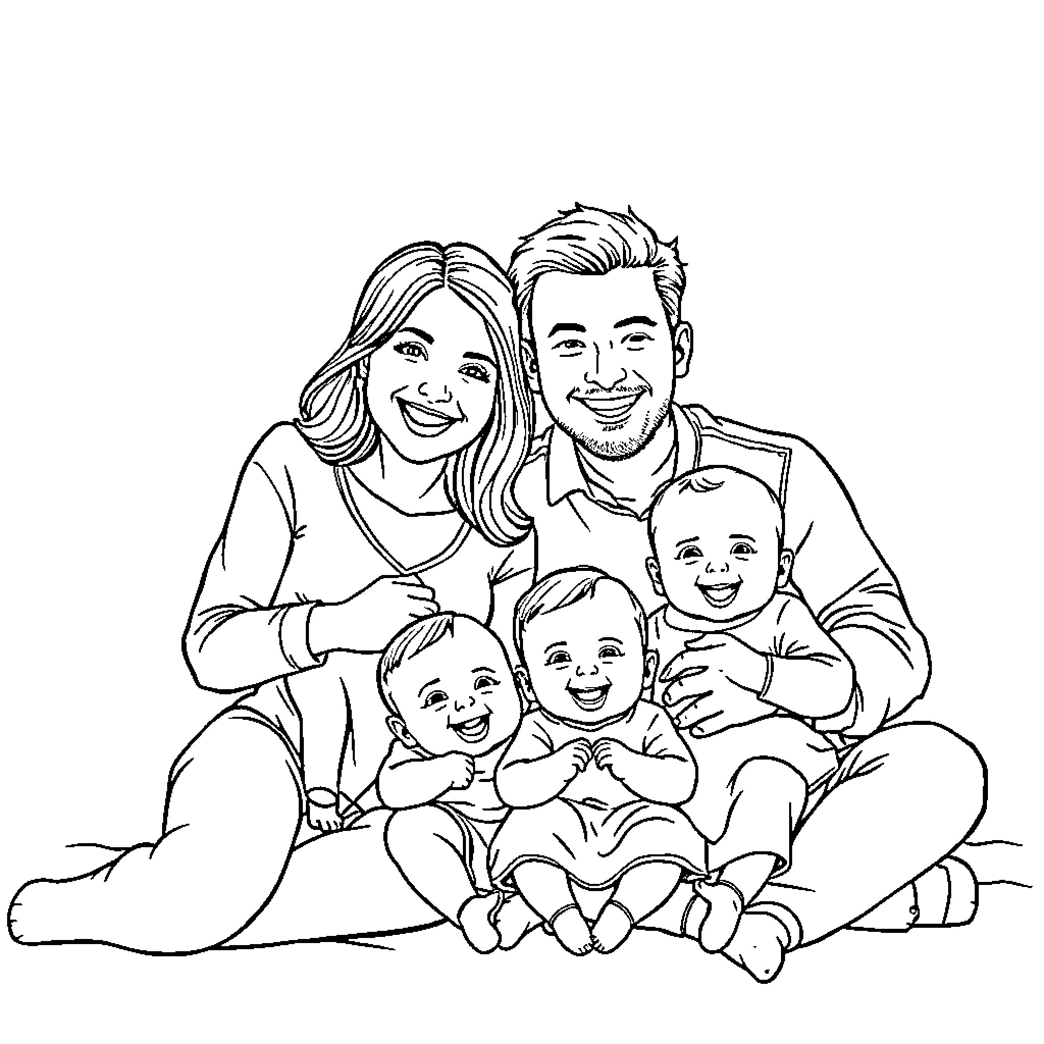 Family Enjoying Warm Moment Together Coloring Page (free black-and-white line drawing printable PDF for all, from beginners to advanced learners, including children, teens, adults, and seniors)