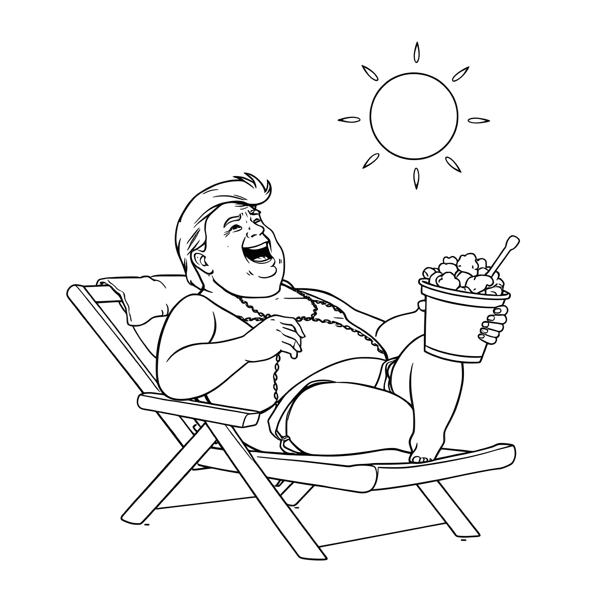 Donald Trump relaxing in the sun with snacks Coloring Page (free black-and-white line drawing printable PDF for all, from beginners to advanced learners, including children, teens, adults, and seniors)