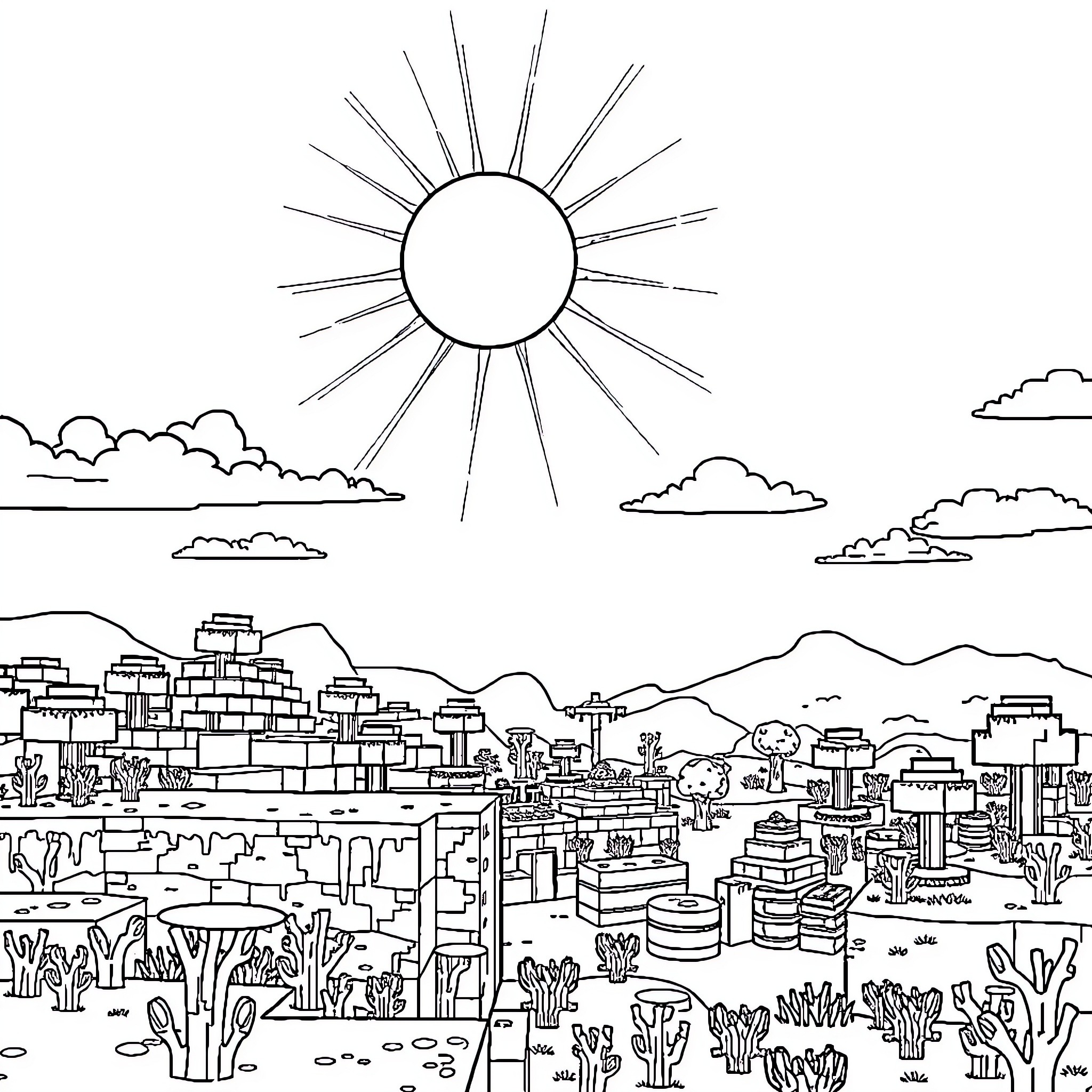 Sun shining over a bustling cityscape Coloring Page (free black-and-white line drawing printable PDF for all, from beginners to advanced learners, including children, teens, adults, and seniors)