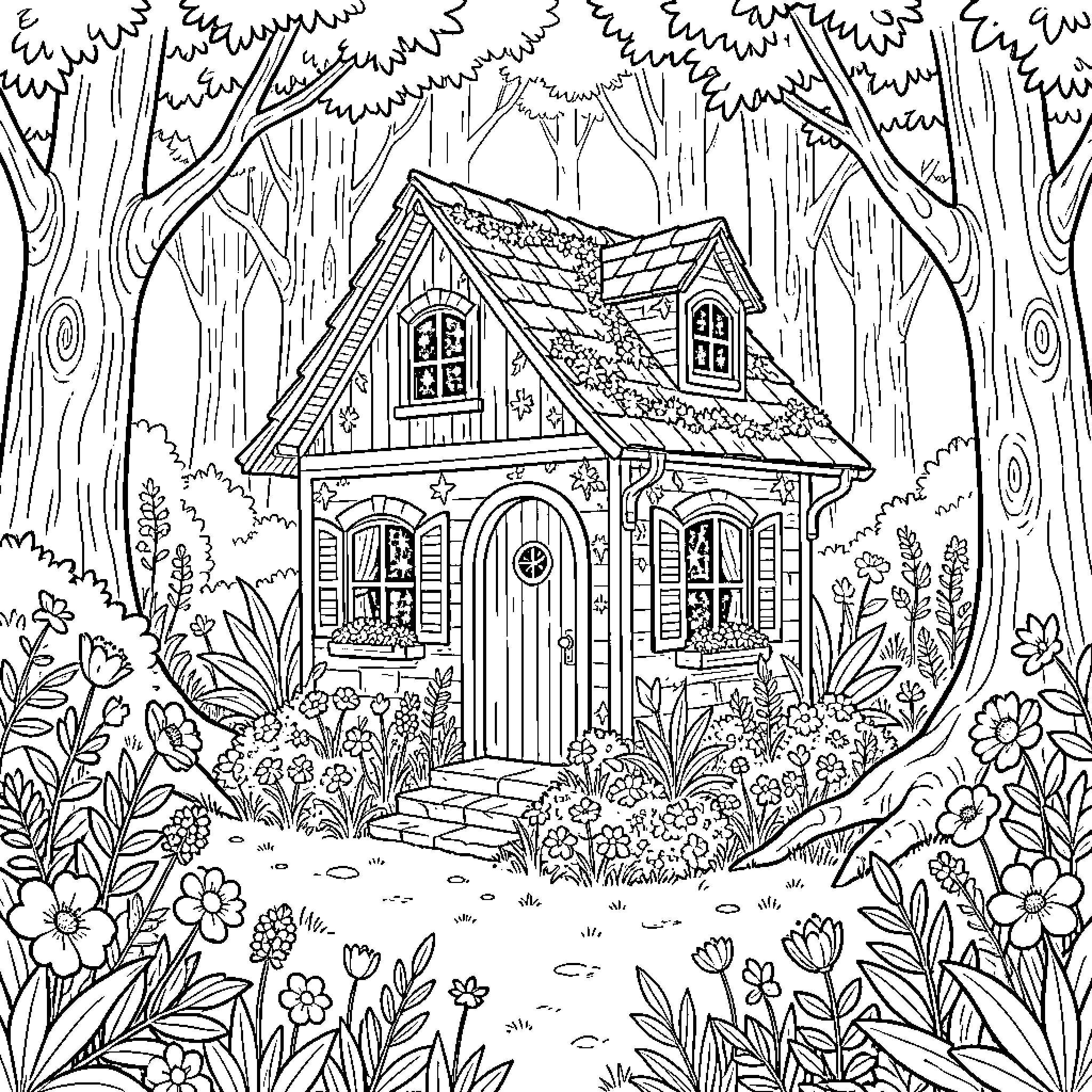 Fairy House nestled among blooming forest flowers Coloring Page (free black-and-white line drawing printable PDF for all, from beginners to advanced learners, including children, teens, adults, and seniors)
