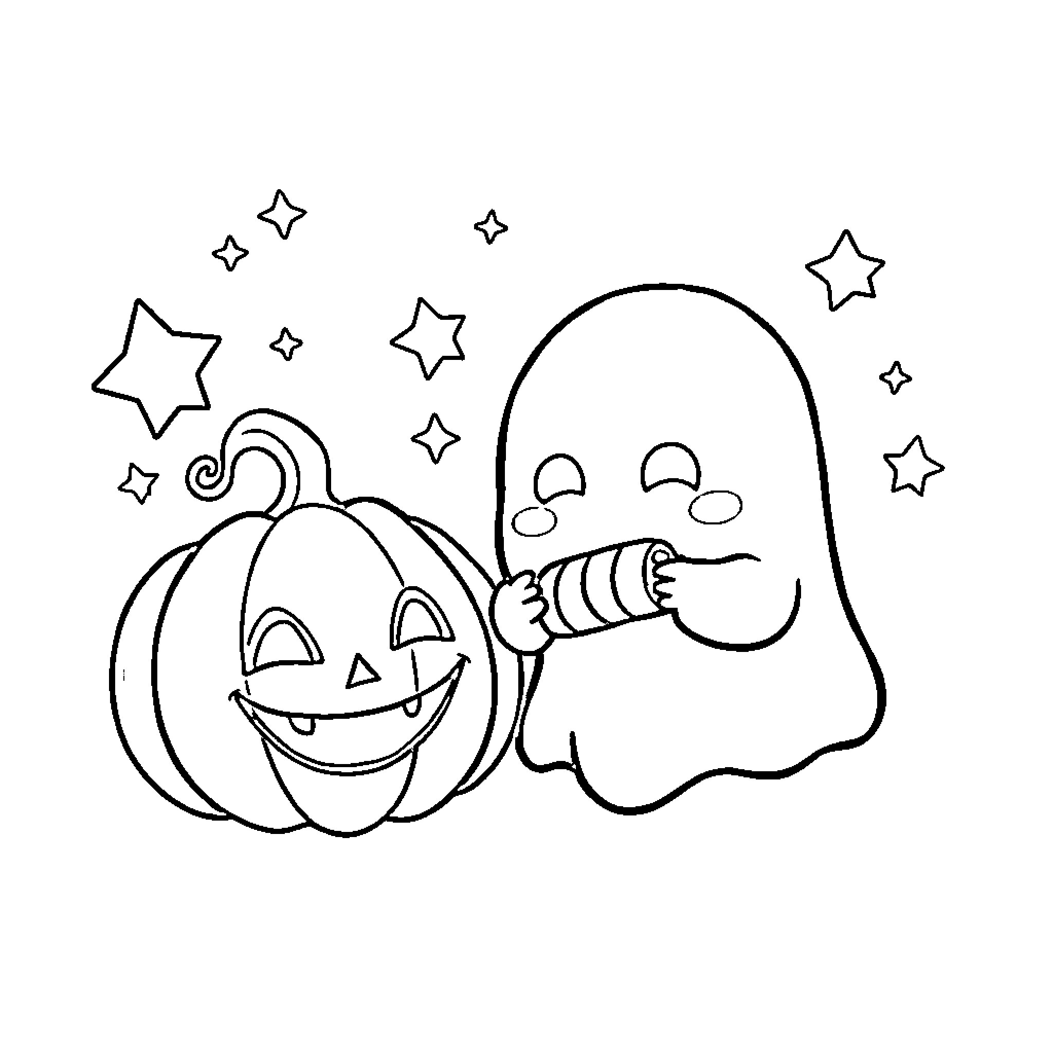 Ghost and Pumpkin Celebrating Halloween Coloring Page (free black-and-white line drawing printable PDF for all, from beginners to advanced learners, including children, teens, adults, and seniors)