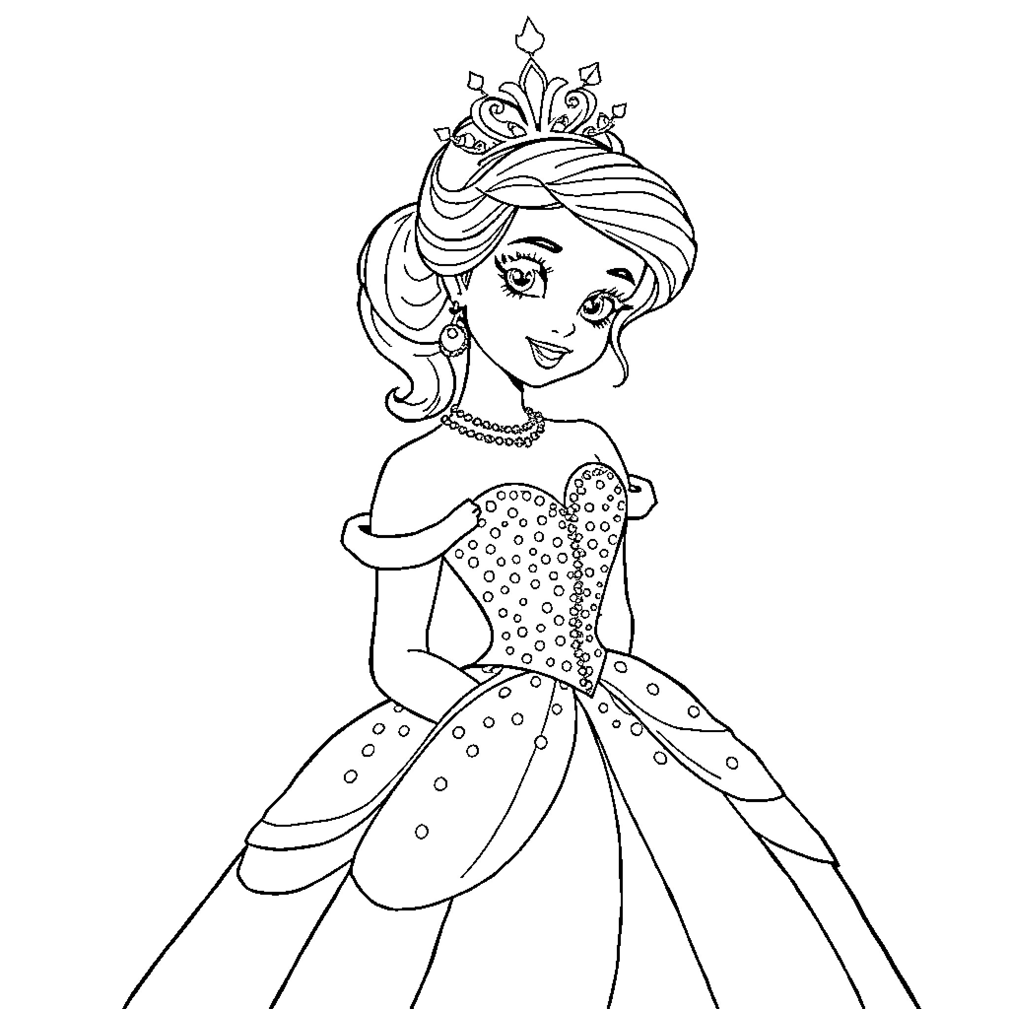Princess in a Sparkling Dress and Crown Coloring Page (free black-and-white line drawing printable PDF for all, from beginners to advanced learners, including children, teens, adults, and seniors)