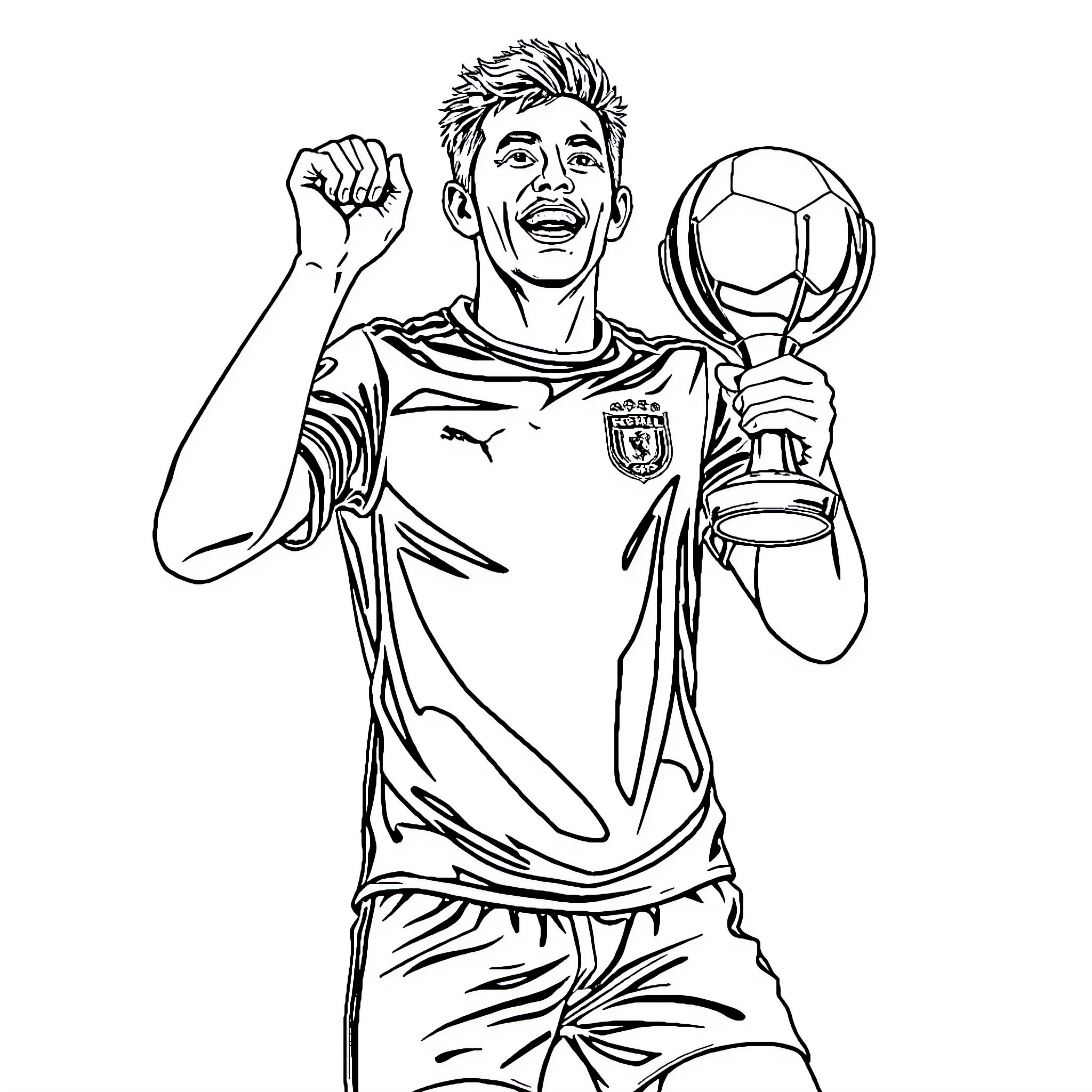 Footballer celebrating victory with trophy Coloring Page (free black-and-white line drawing printable PDF for all, from beginners to advanced learners, including children, teens, adults, and seniors)