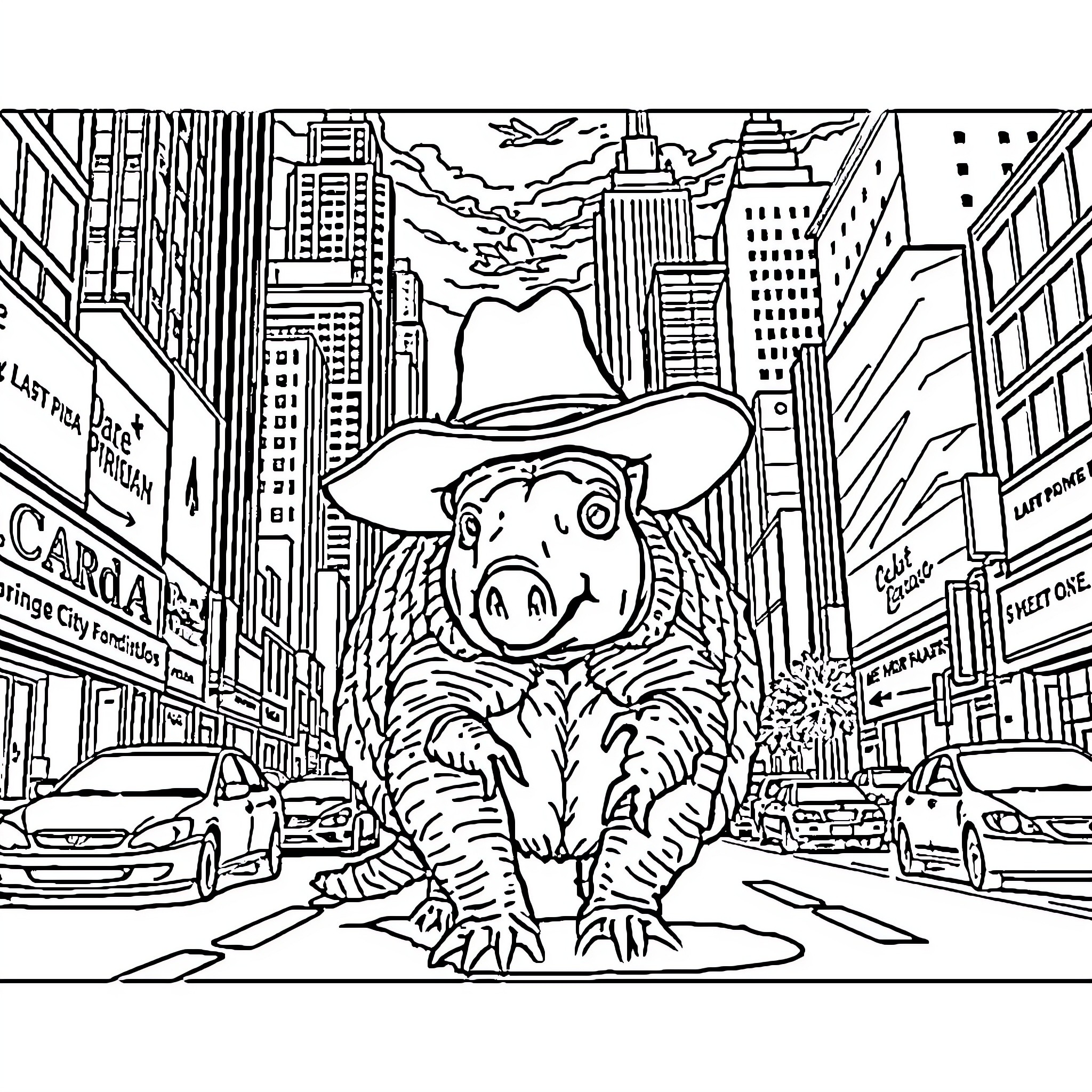 Armadillo exploring the bustling city streets Coloring Page (free black-and-white line drawing printable PDF for all, from beginners to advanced learners, including children, teens, adults, and seniors)