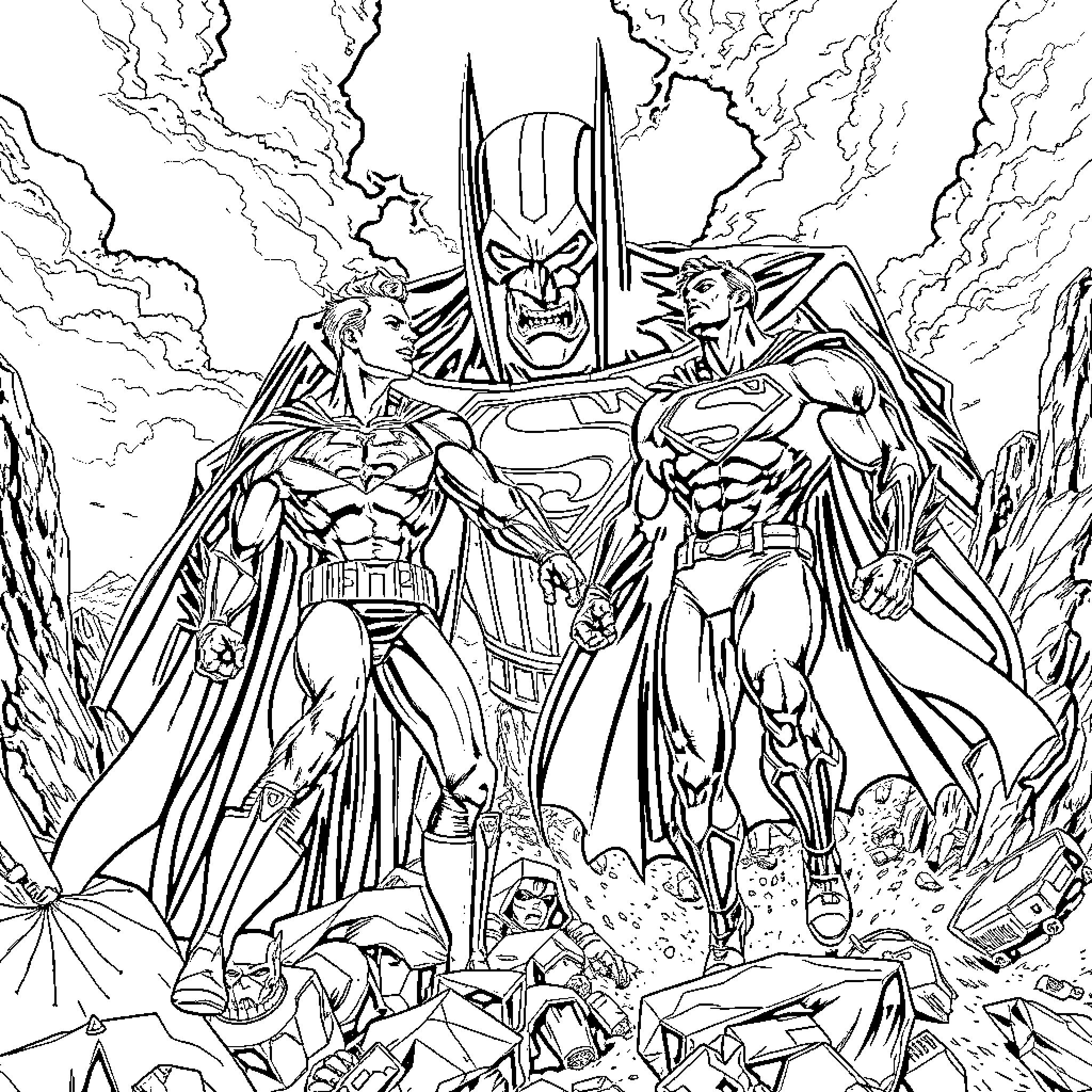 Batman and Superman heroically facing adversaries Coloring Page (free black-and-white line drawing printable PDF for all, from beginners to advanced learners, including children, teens, adults, and seniors)