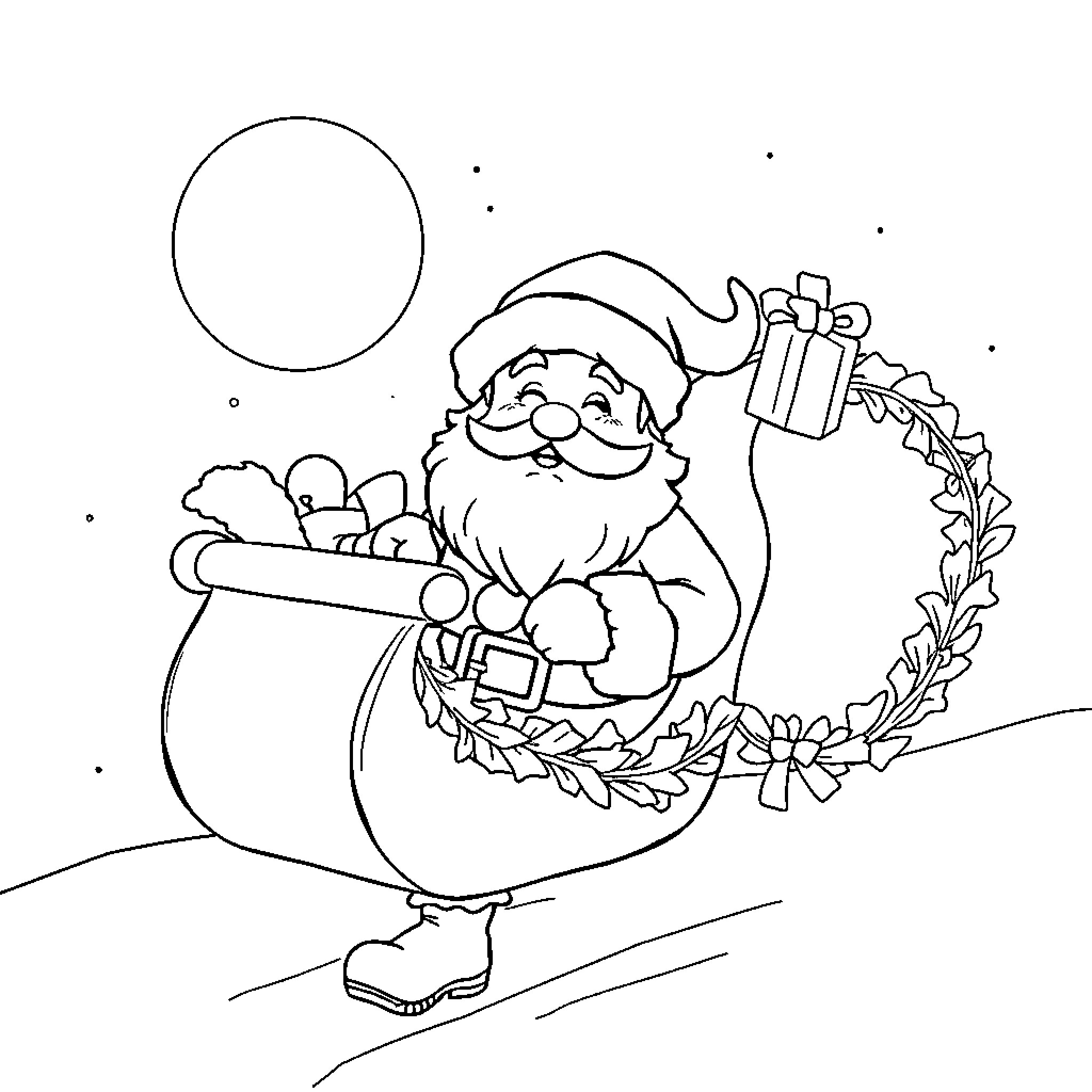 Santa Claus delivering gifts and decorating for the holidays Coloring Page (free black-and-white line drawing printable PDF for all, from beginners to advanced learners, including children, teens, adults, and seniors)