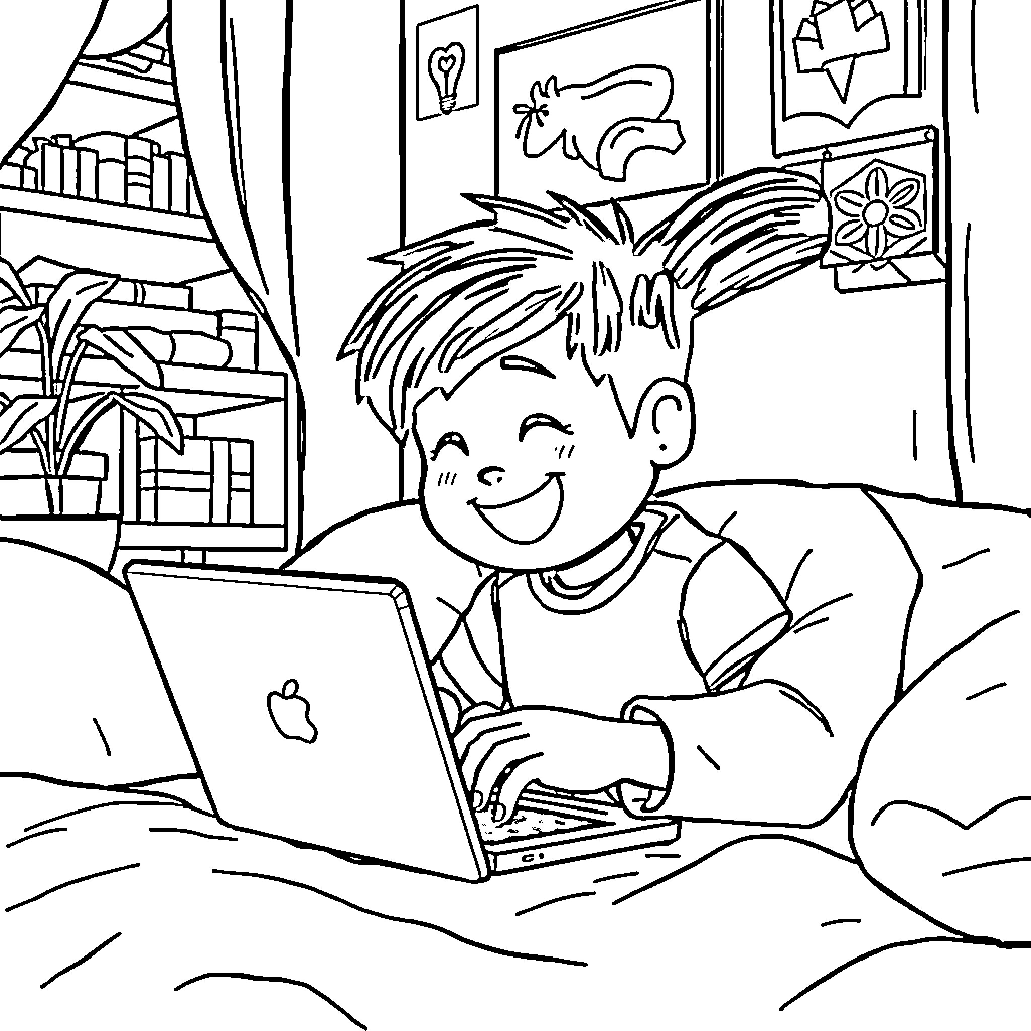 Kid Happily Using Laptop in Bedroom Coloring Page (free black-and-white line drawing printable PDF for all, from beginners to advanced learners, including children, teens, adults, and seniors)