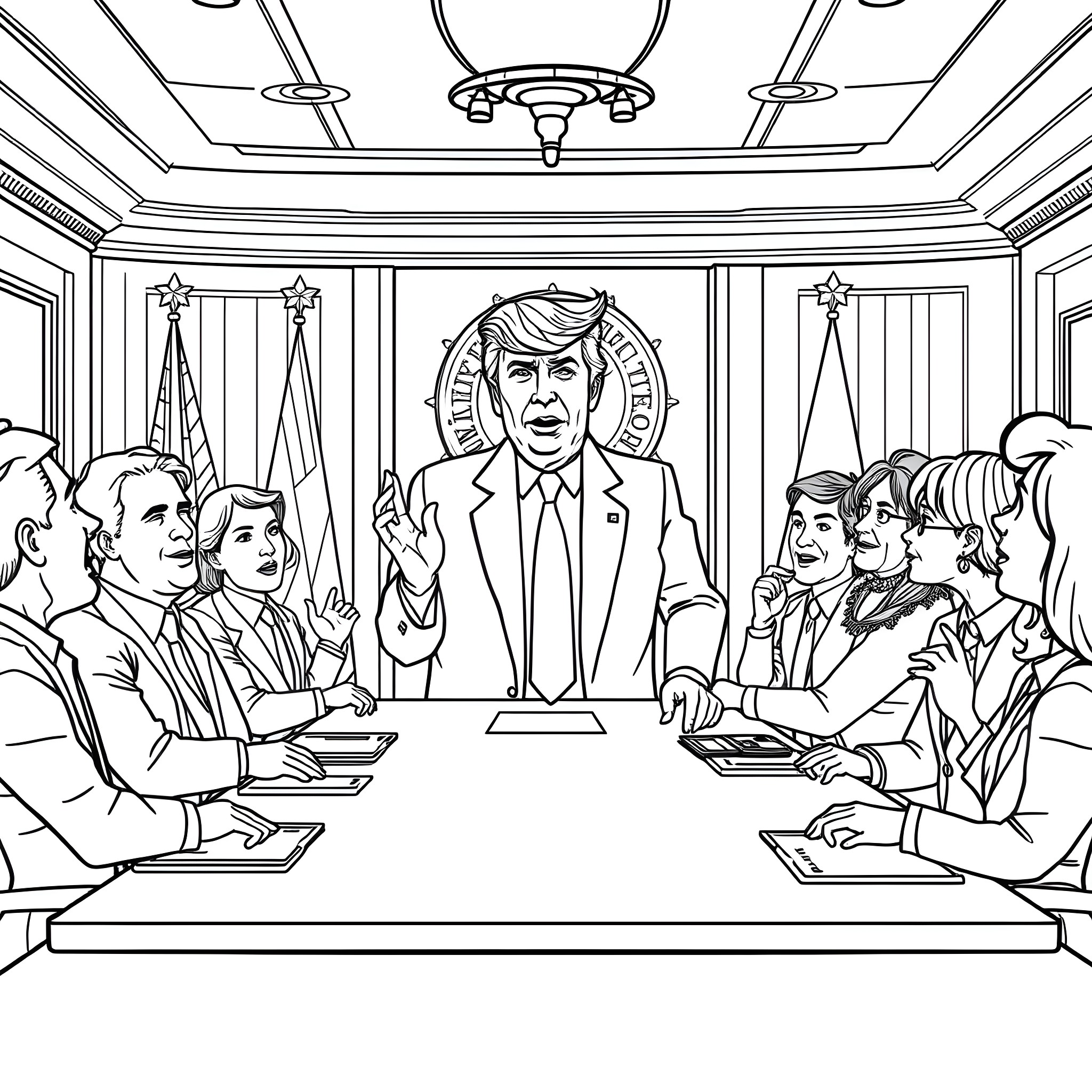 Donald Trump addressing a group of government officials Coloring Page (free black-and-white line drawing printable PDF for all, from beginners to advanced learners, including children, teens, adults, and seniors)