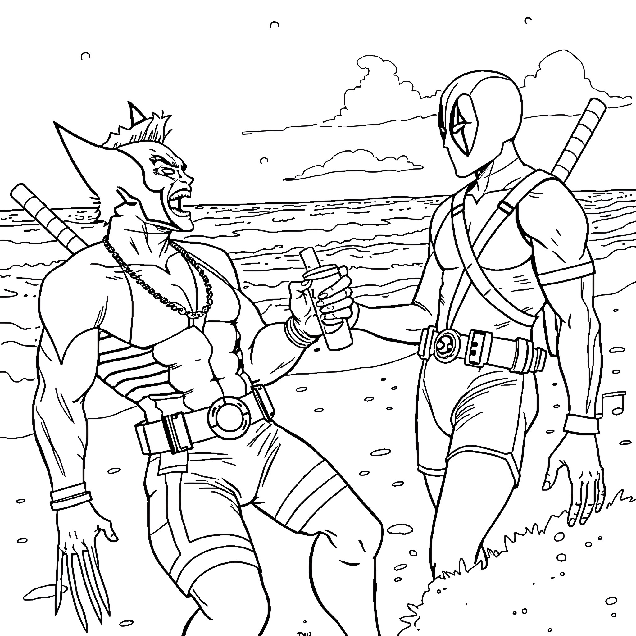 Wolverine battles a fierce opponent on the rocky beach Coloring Page (free black-and-white line drawing printable PDF for all, from beginners to advanced learners, including children, teens, adults, and seniors)