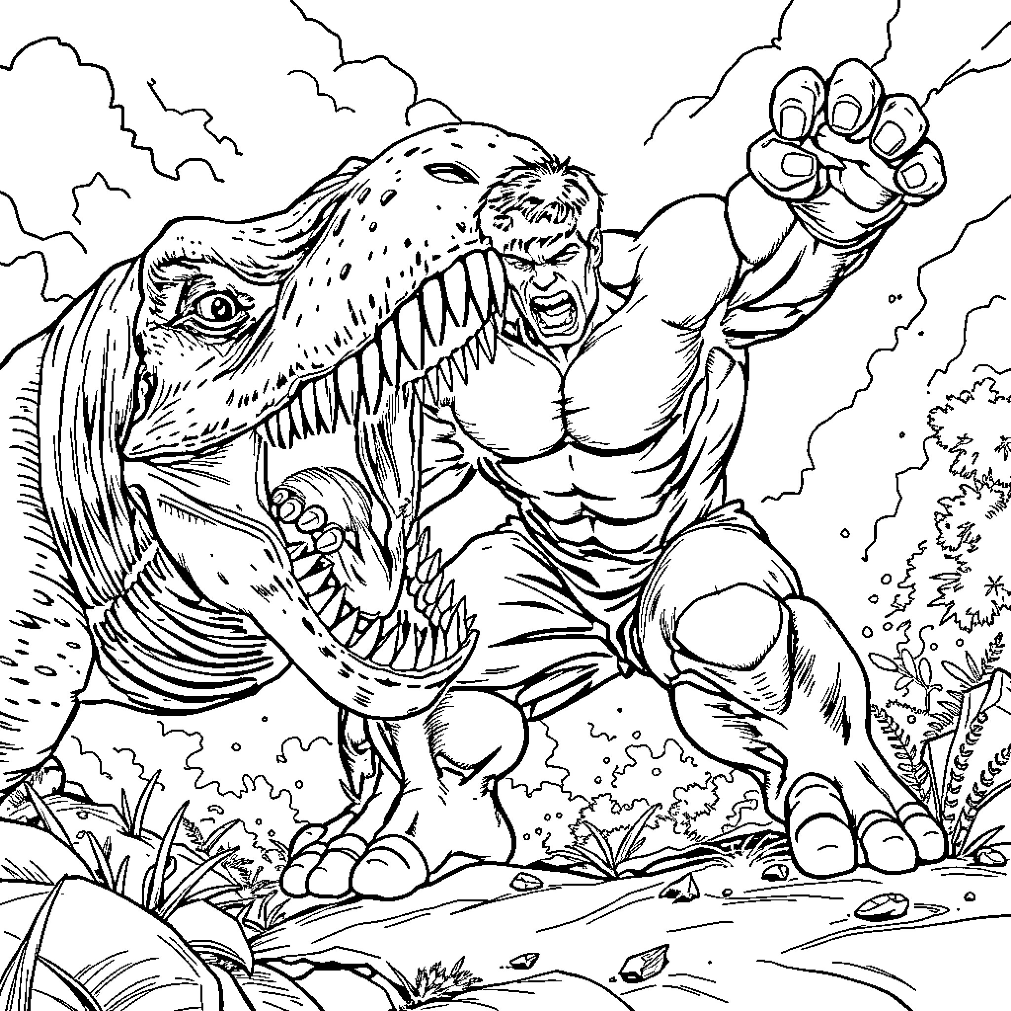 Hulk battling a fierce prehistoric creature Coloring Page (free black-and-white line drawing printable PDF for all, from beginners to advanced learners, including children, teens, adults, and seniors)
