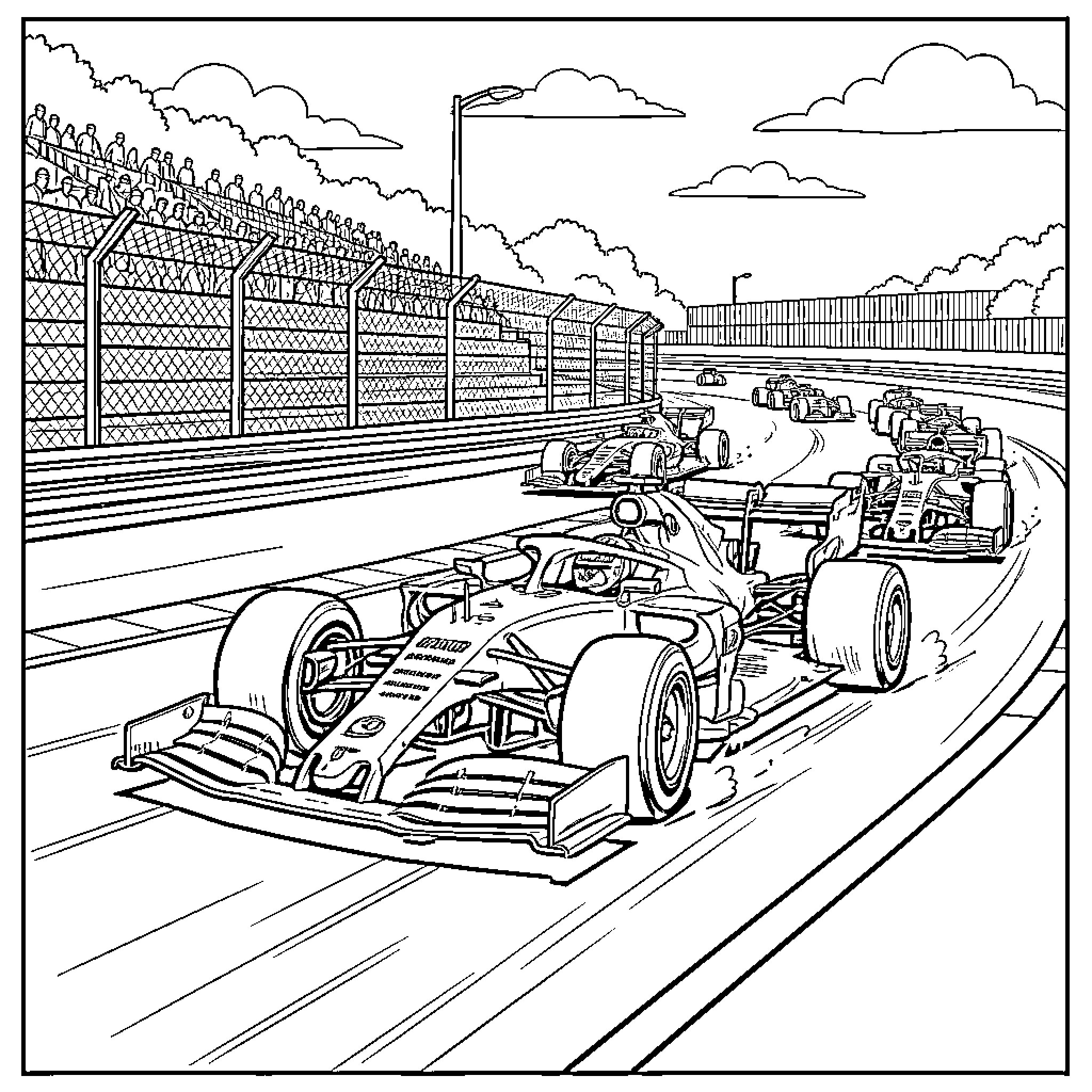 Formula 1 Car Racing on the Circuit Track Coloring Page (free black-and-white line drawing printable PDF for all, from beginners to advanced learners, including children, teens, adults, and seniors)