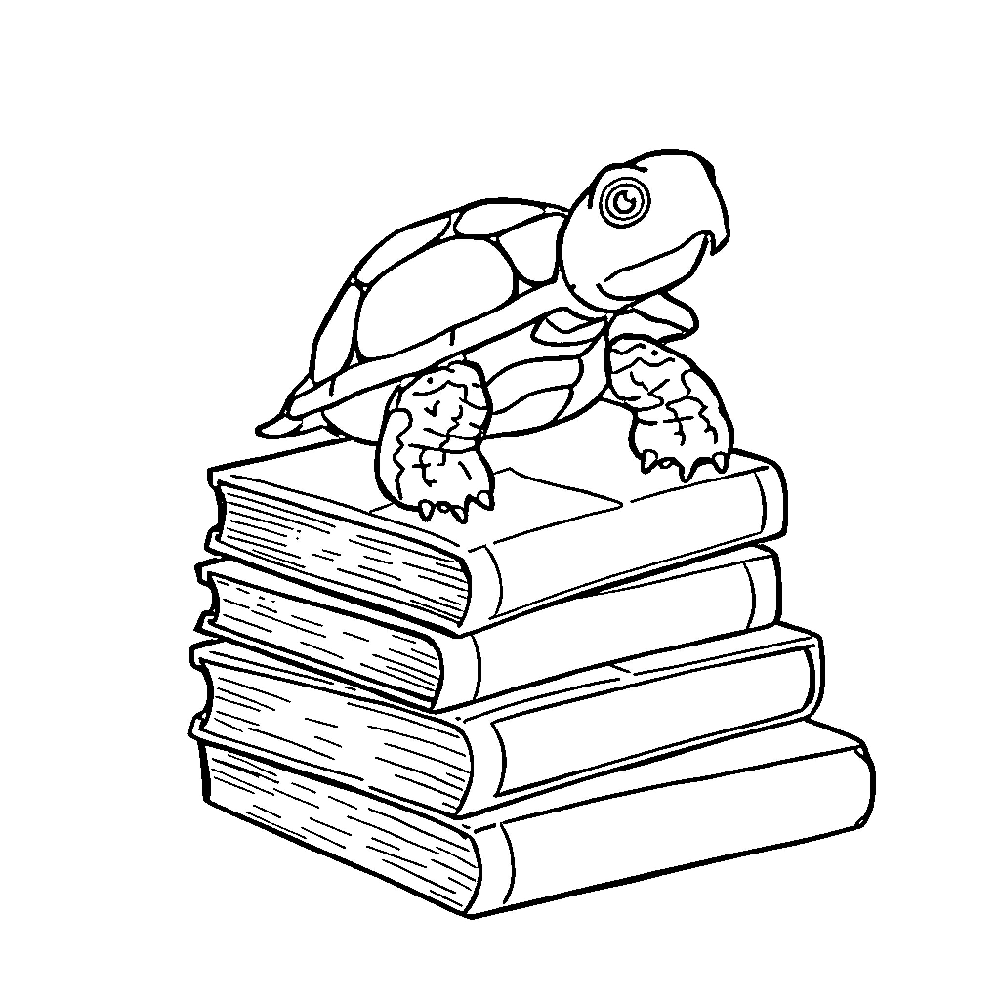 Turtle sitting atop a stack of books Coloring Page (free black-and-white line drawing printable PDF for all, from beginners to advanced learners, including children, teens, adults, and seniors)