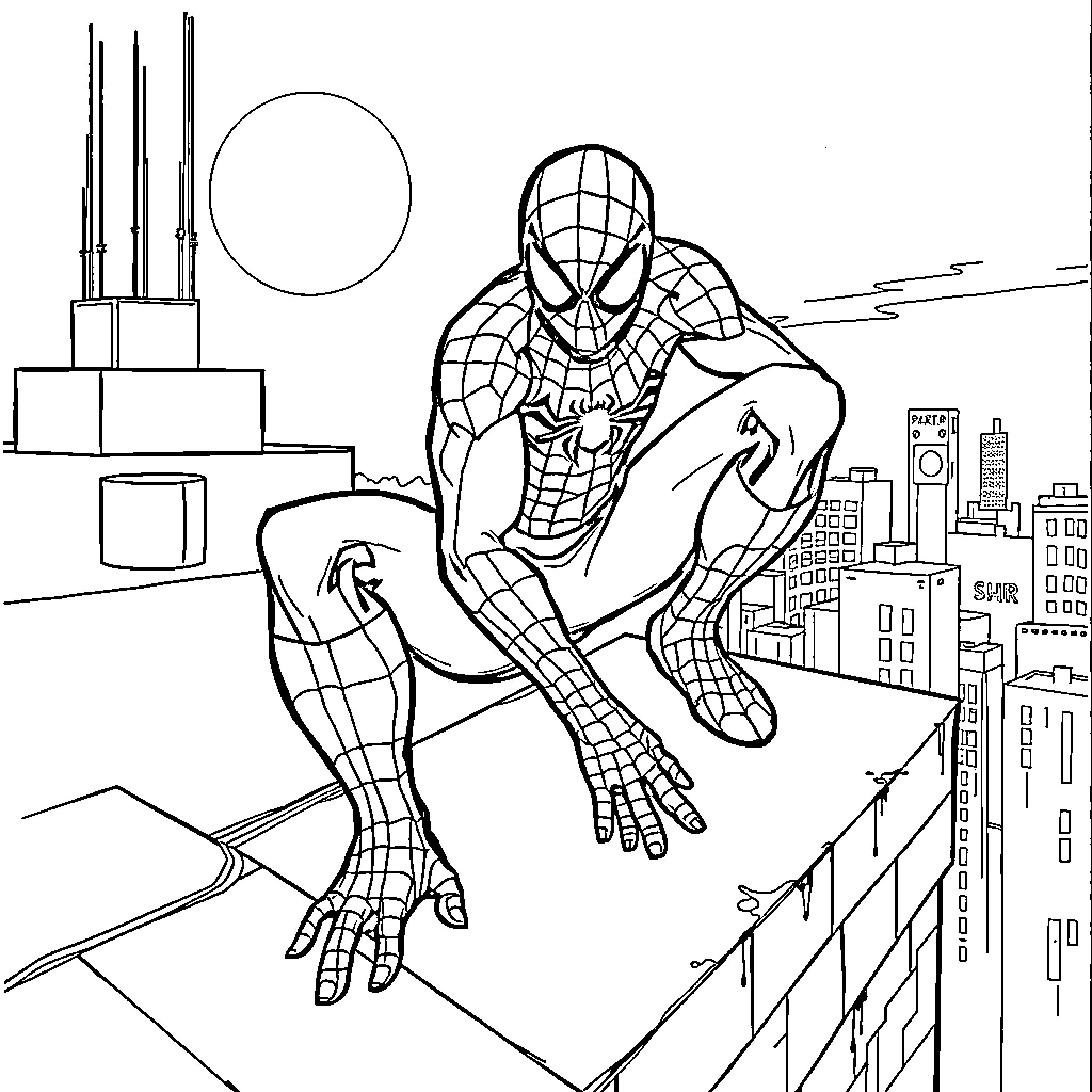 Spiderman swinging through the city skyline Coloring Page (free black-and-white line drawing printable PDF for all, from beginners to advanced learners, including children, teens, adults, and seniors)