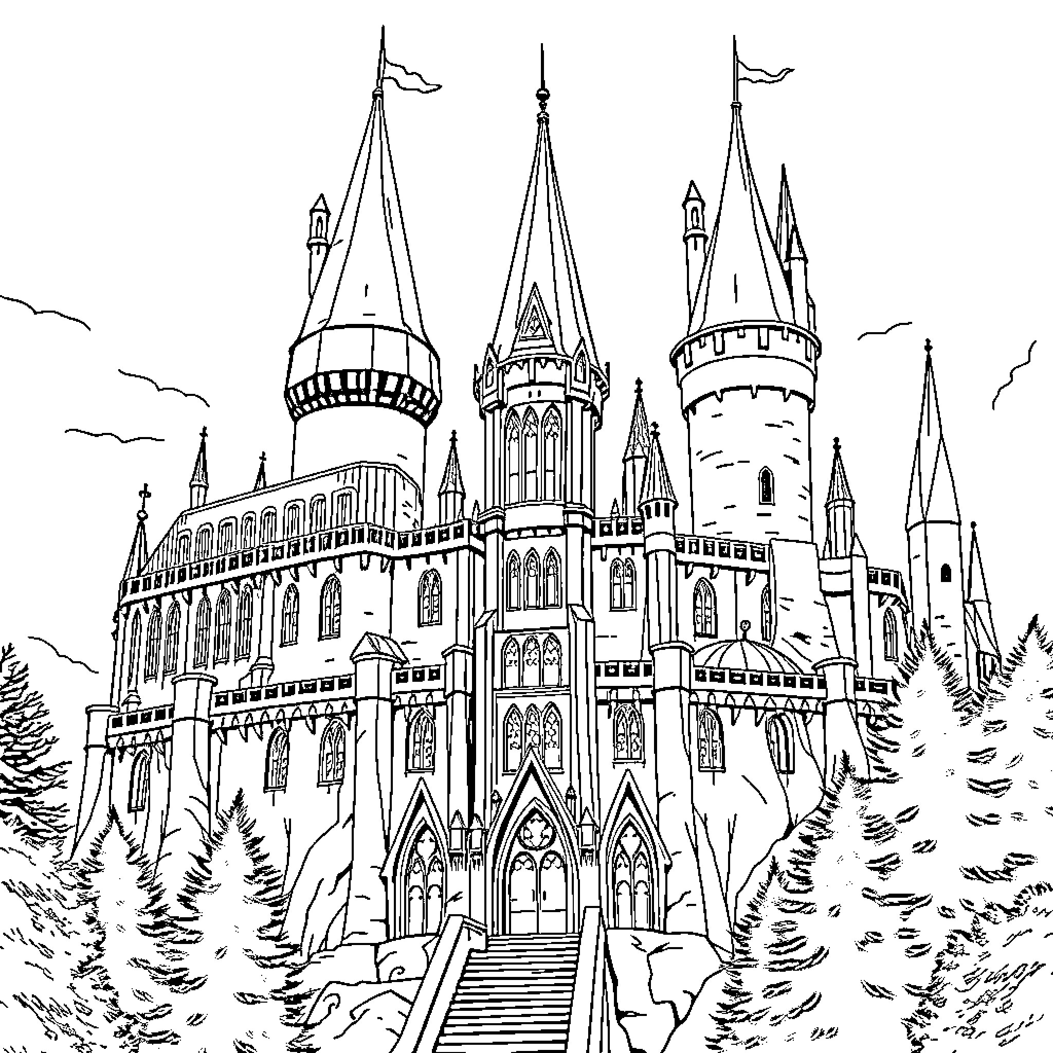 Castle of Majestic Towers and Spires Coloring Page (free black-and-white line drawing printable PDF for all, from beginners to advanced learners, including children, teens, adults, and seniors)