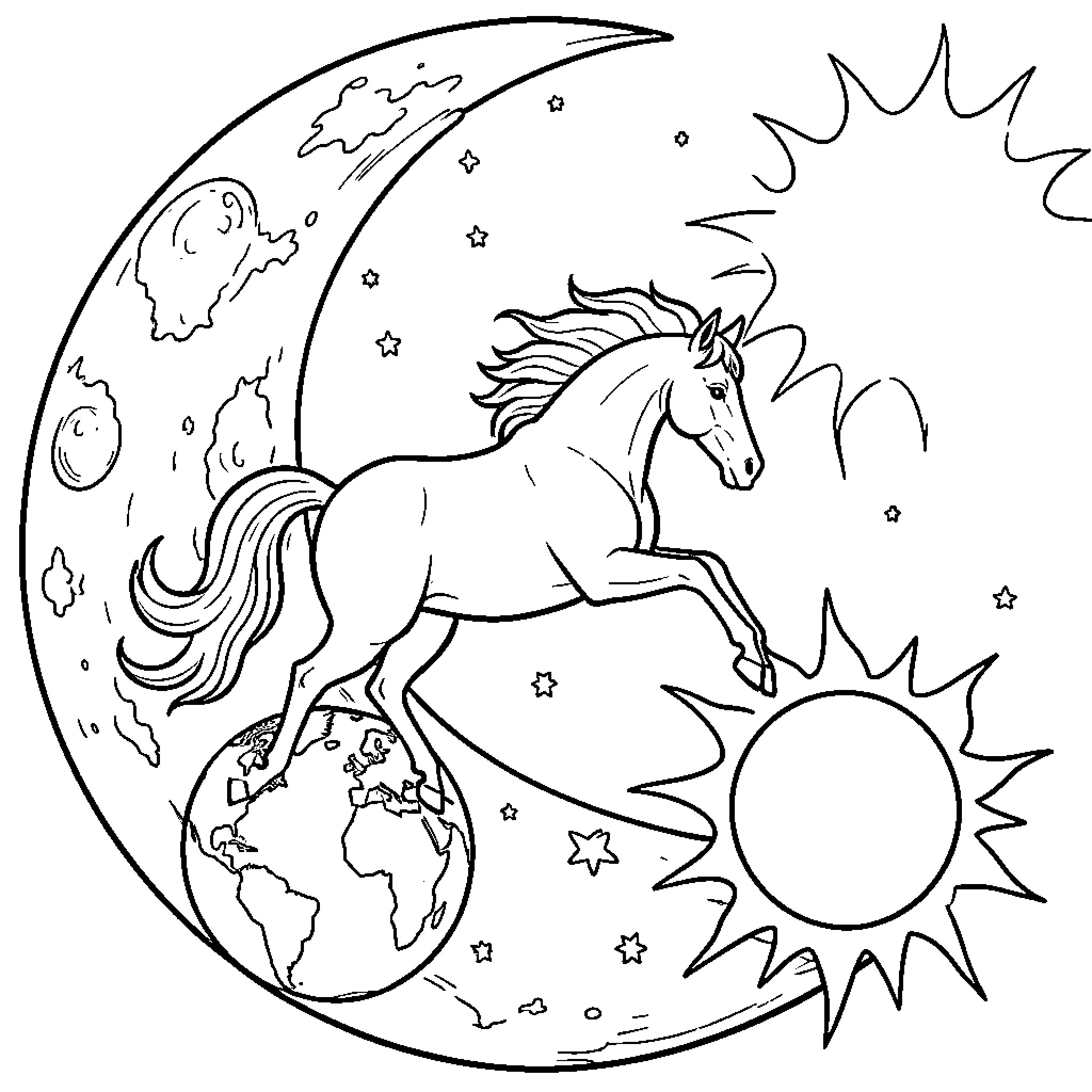 Horse galloping through a celestial scene of sun and moon Coloring Page (free black-and-white line drawing printable PDF for all, from beginners to advanced learners, including children, teens, adults, and seniors)