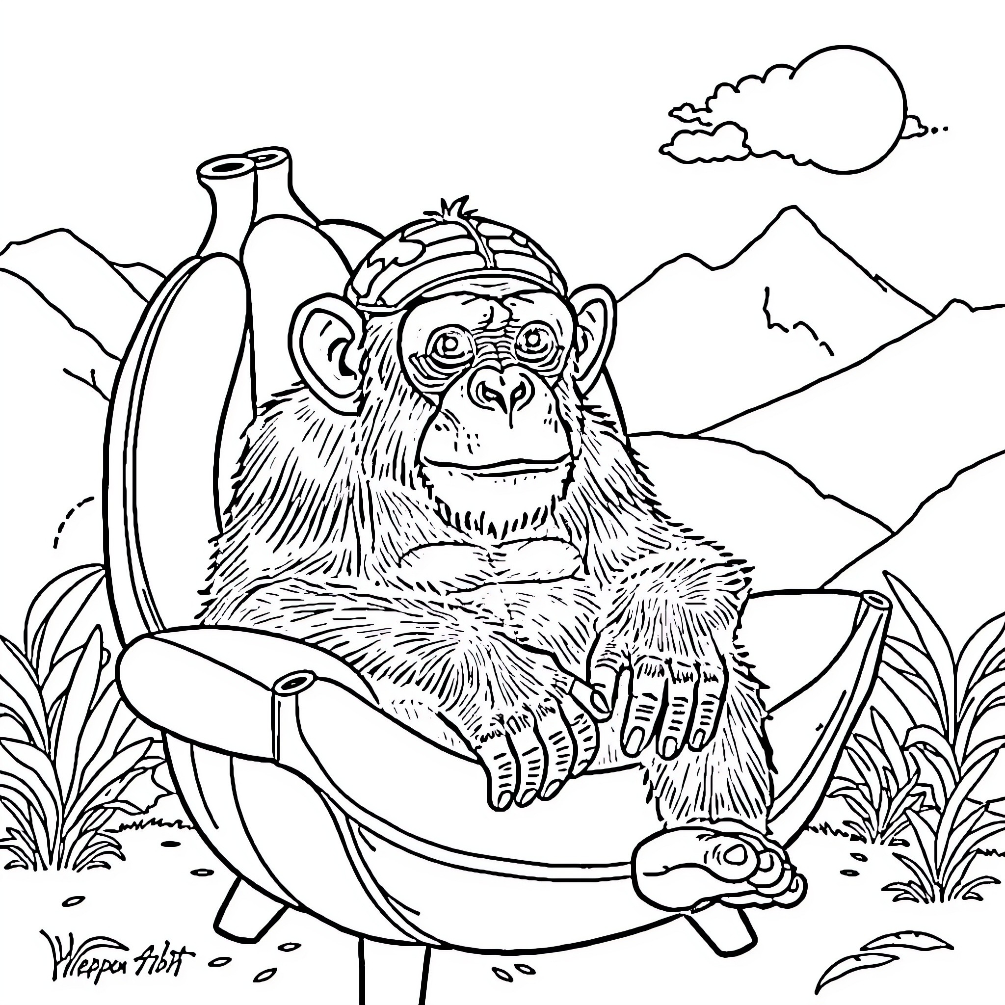 Chimp relaxing in the outdoors with mountain scenery Coloring Page (free black-and-white line drawing printable PDF for all, from beginners to advanced learners, including children, teens, adults, and seniors)