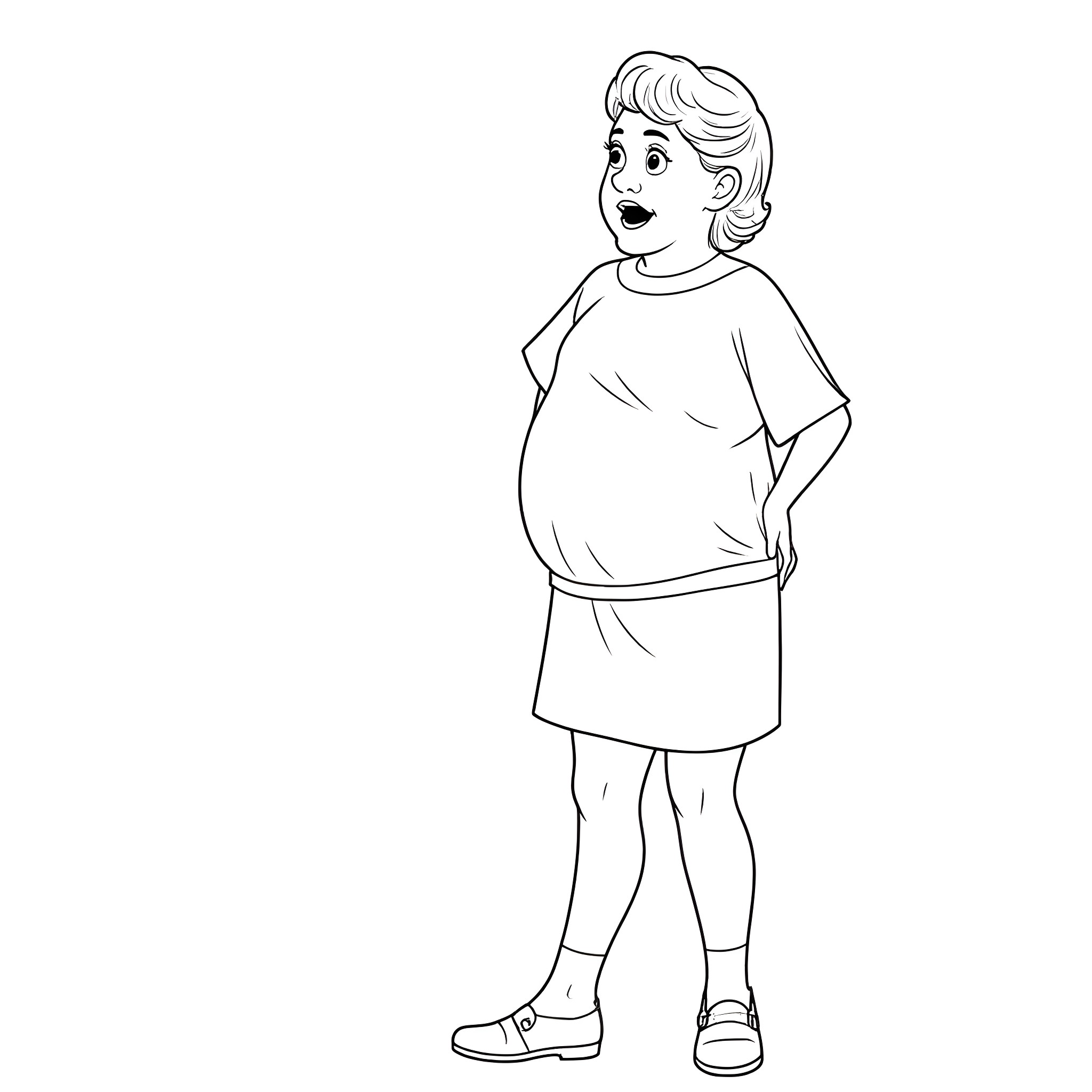 Housewife in relaxed attire standing casually Coloring Page (free black-and-white line drawing printable PDF for all, from beginners to advanced learners, including children, teens, adults, and seniors)