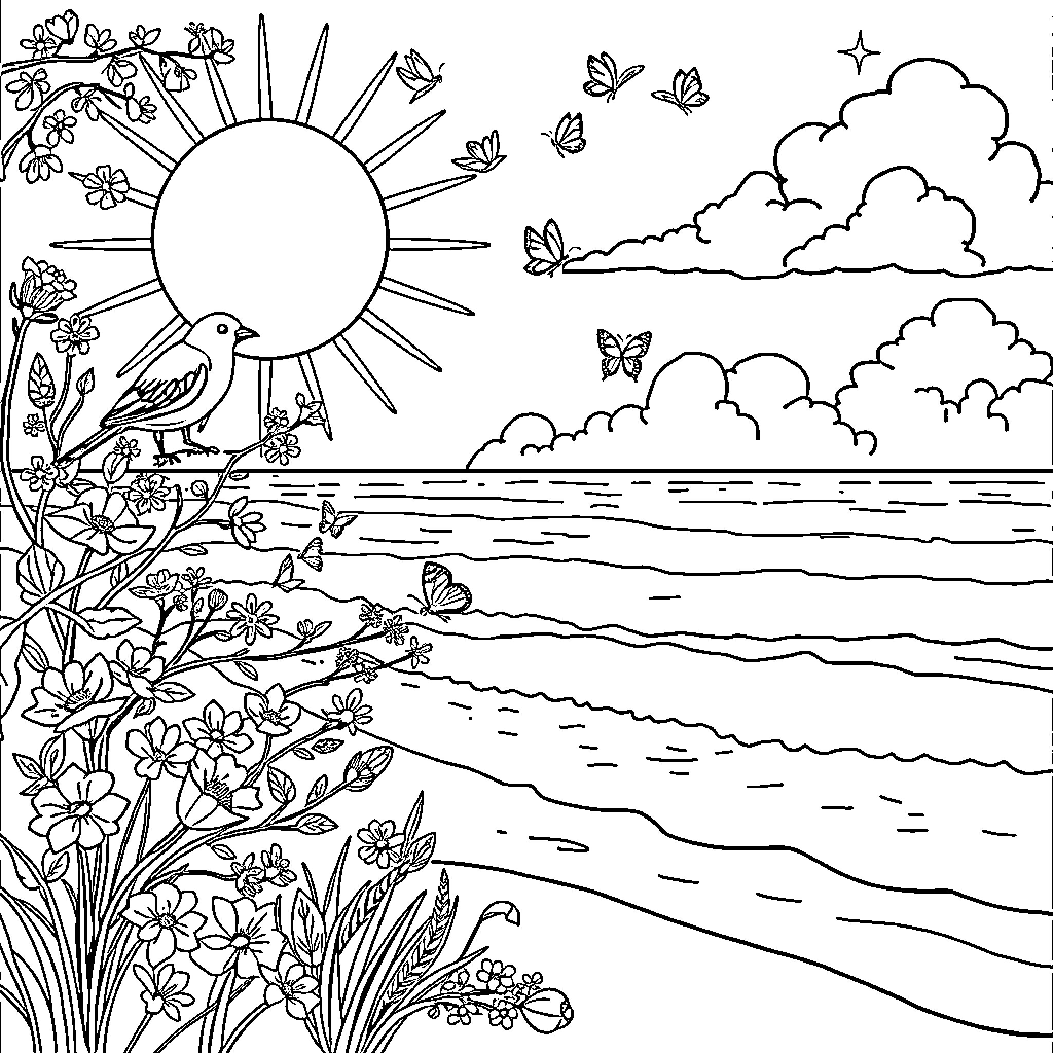 Nature's Serene Shoreline Coloring Page (free black-and-white line drawing printable PDF for all, from beginners to advanced learners, including children, teens, adults, and seniors)