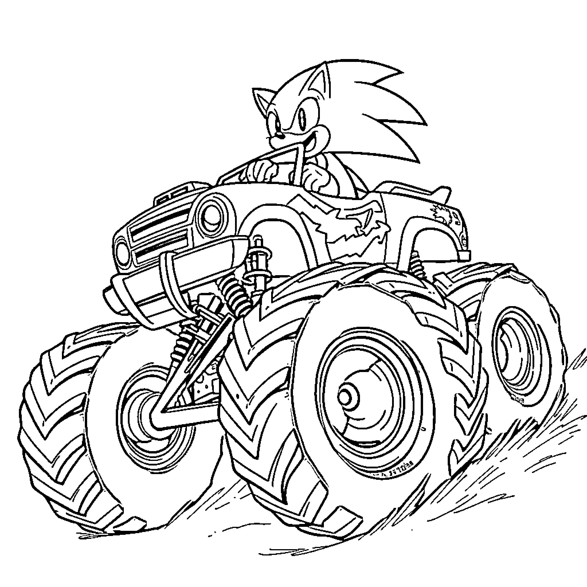 Sonic driving a powerful monster truck Coloring Page (free black-and-white line drawing printable PDF for all, from beginners to advanced learners, including children, teens, adults, and seniors)