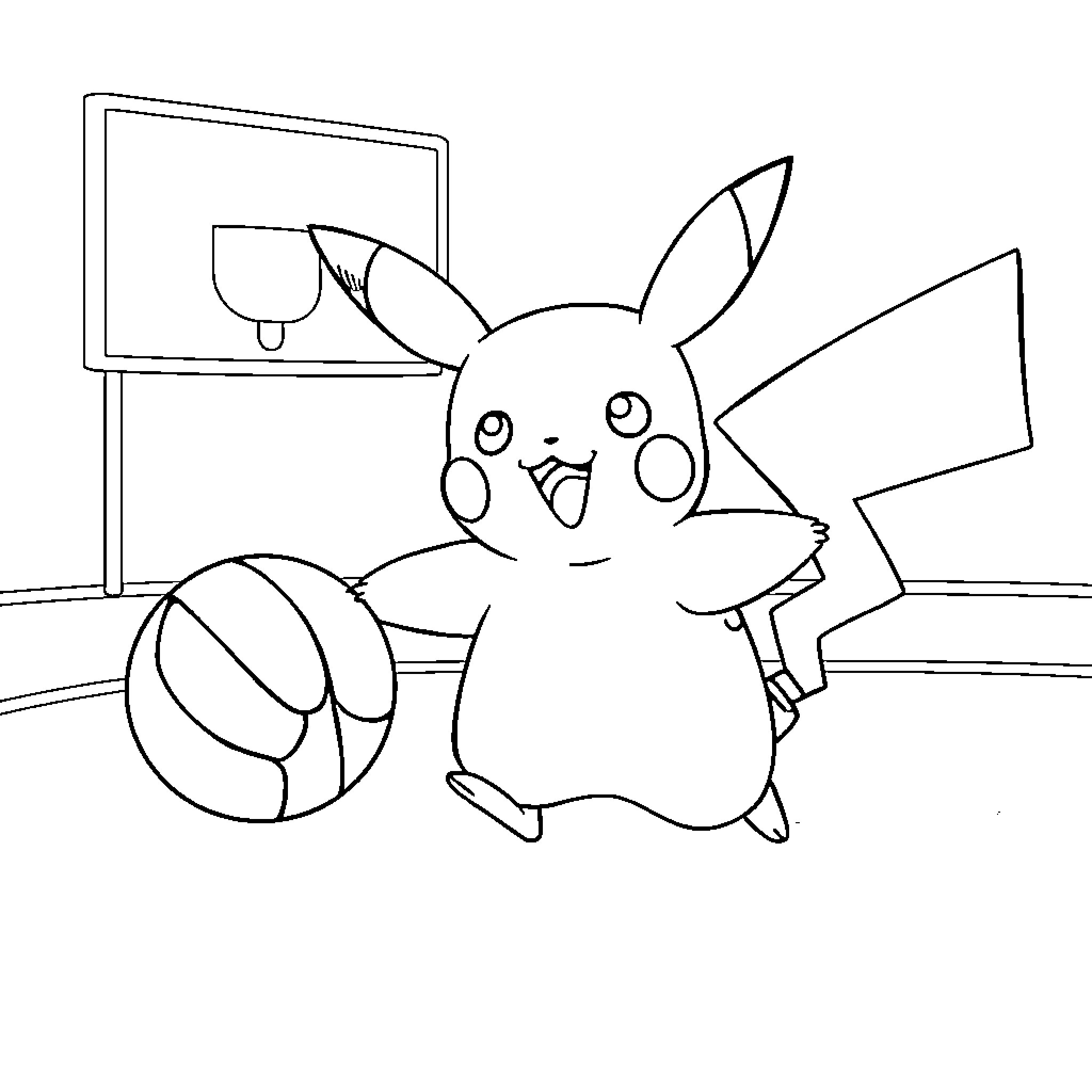 Pikachu playing with basketball near basketball hoop Coloring Page (free black-and-white line drawing printable PDF for all, from beginners to advanced learners, including children, teens, adults, and seniors)