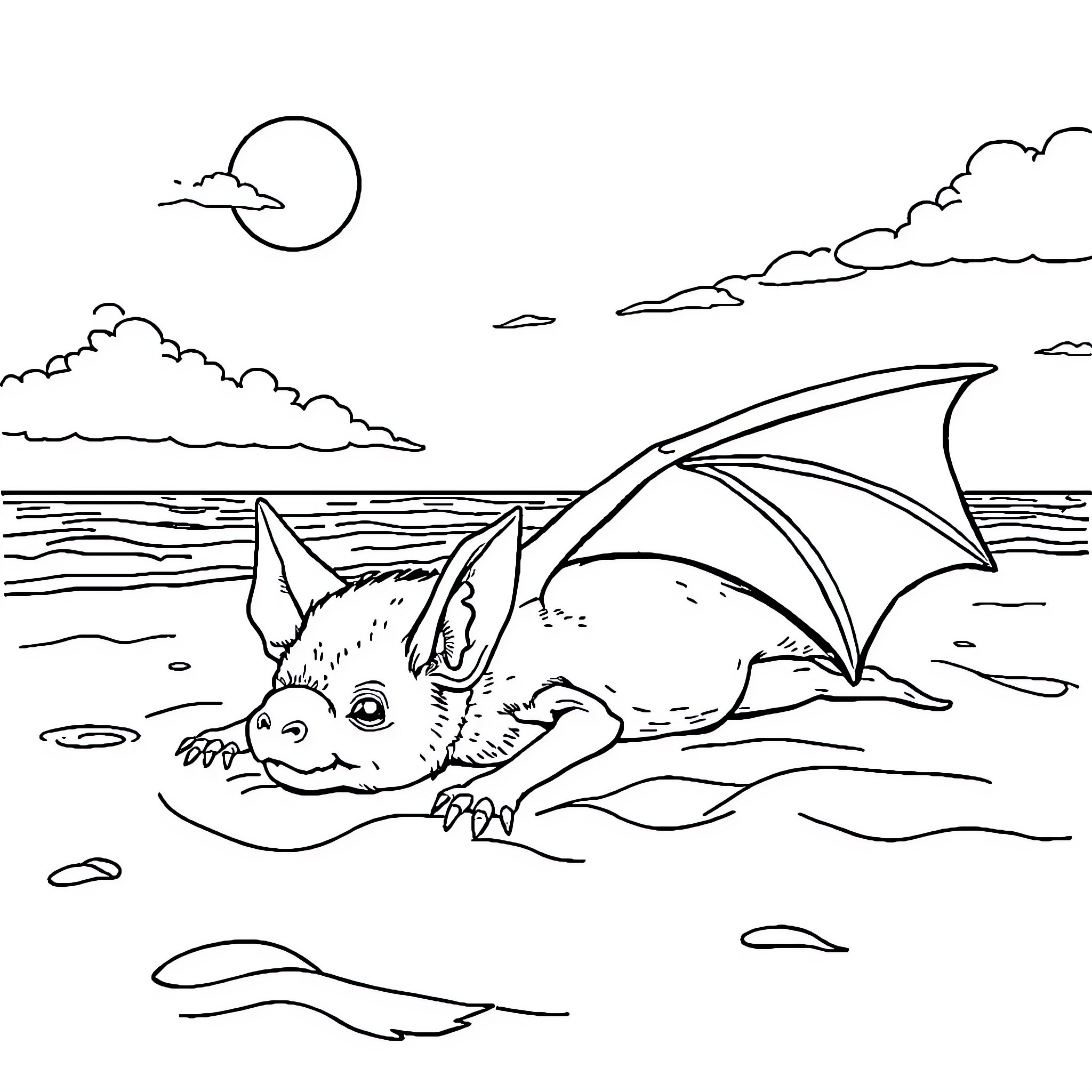 Bat basking on the beach under the sun Coloring Page (free black-and-white line drawing printable PDF for all, from beginners to advanced learners, including children, teens, adults, and seniors)