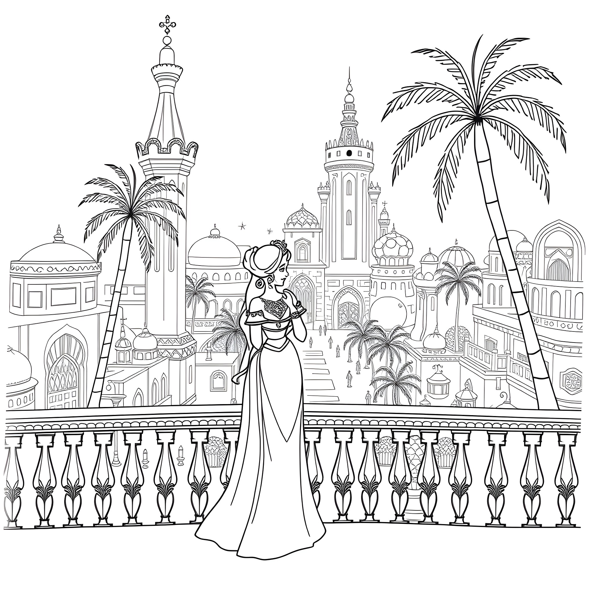 Jasmine in a magical Arabian city Coloring Page (free black-and-white line drawing printable PDF for all, from beginners to advanced learners, including children, teens, adults, and seniors)