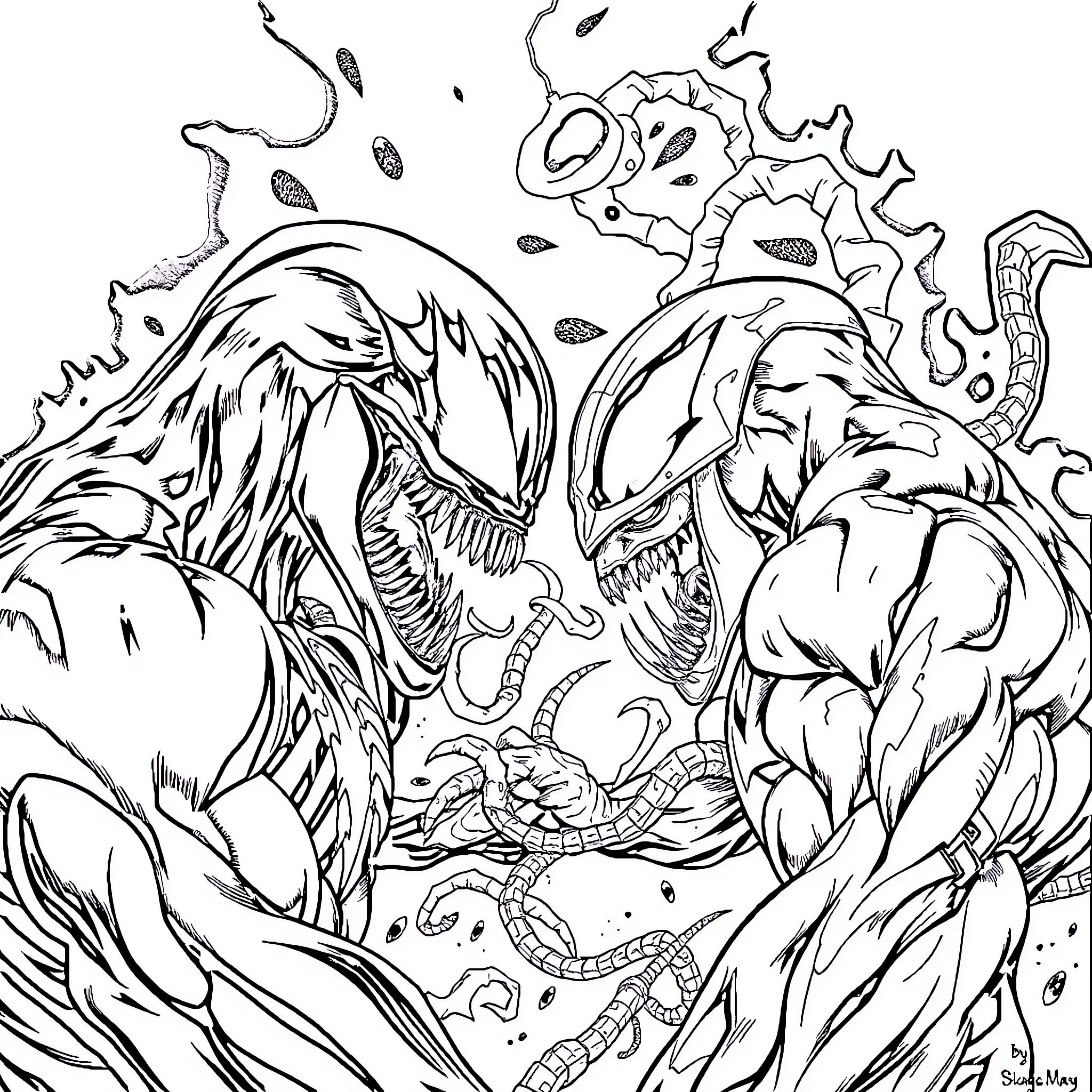 Venom: Clash of the Symbiotes Coloring Page (free black-and-white line drawing printable PDF for all, from beginners to advanced learners, including children, teens, adults, and seniors)