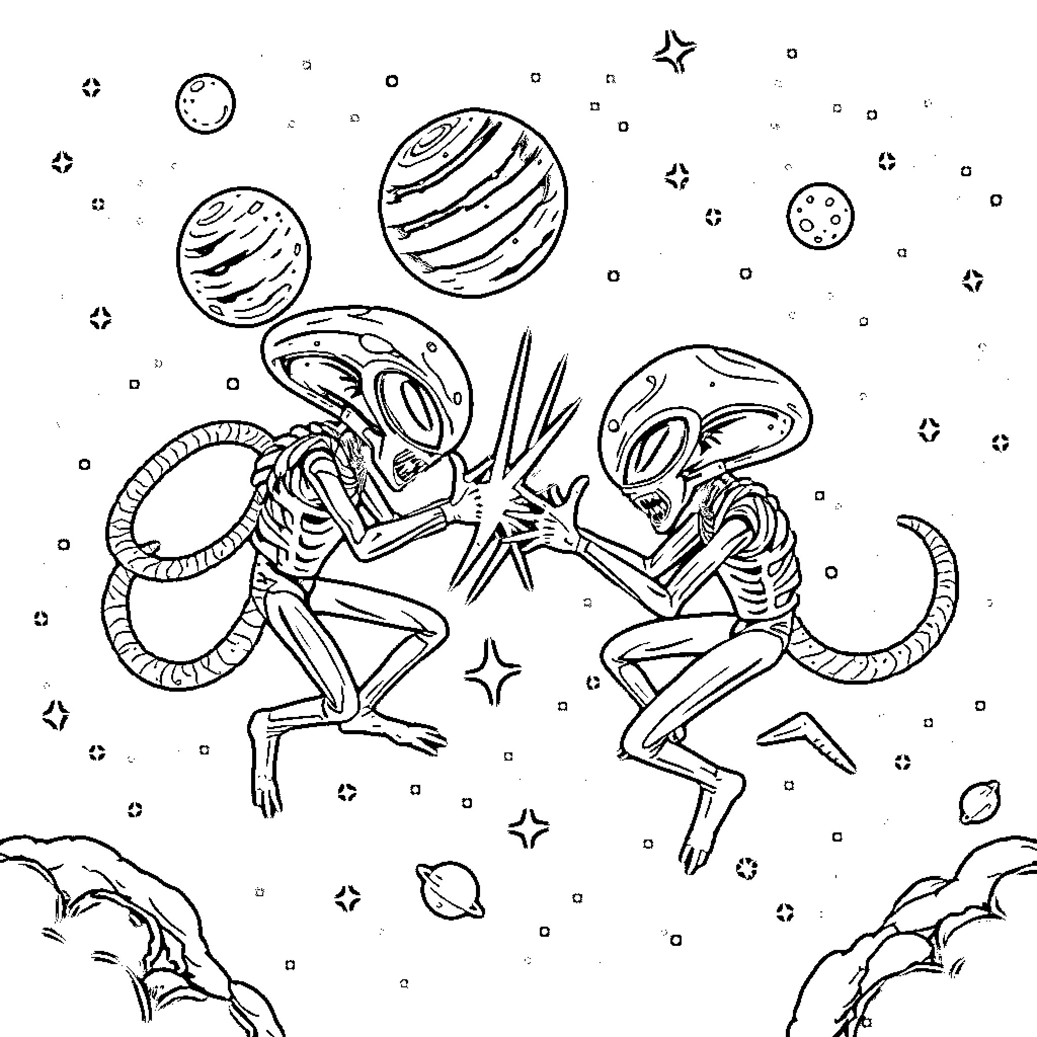 Alien skeletons dancing in the cosmos Coloring Page (free black-and-white line drawing printable PDF for all, from beginners to advanced learners, including children, teens, adults, and seniors)
