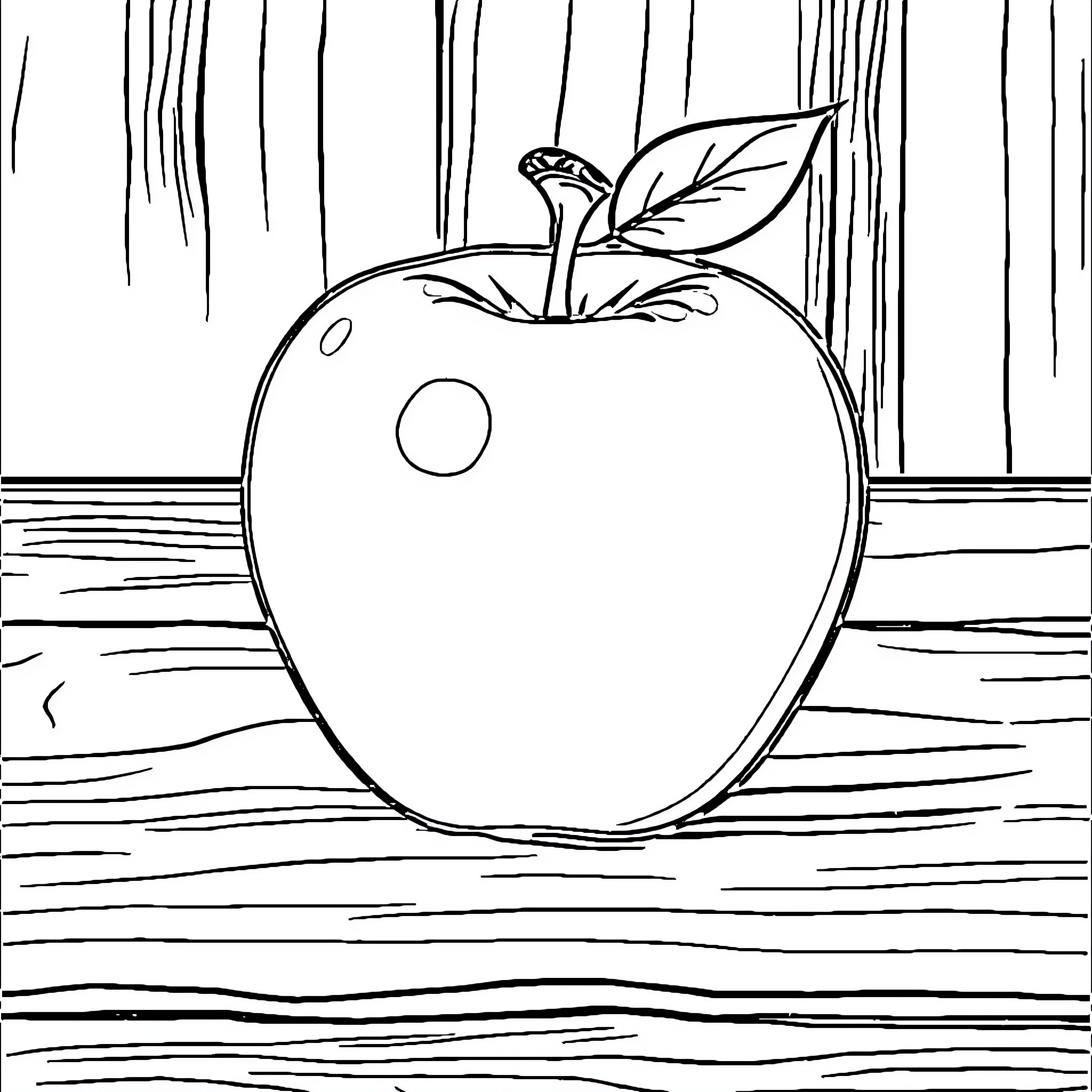 Apple on a Wooden Surface Coloring Page (free black-and-white line drawing printable PDF for all, from beginners to advanced learners, including children, teens, adults, and seniors)