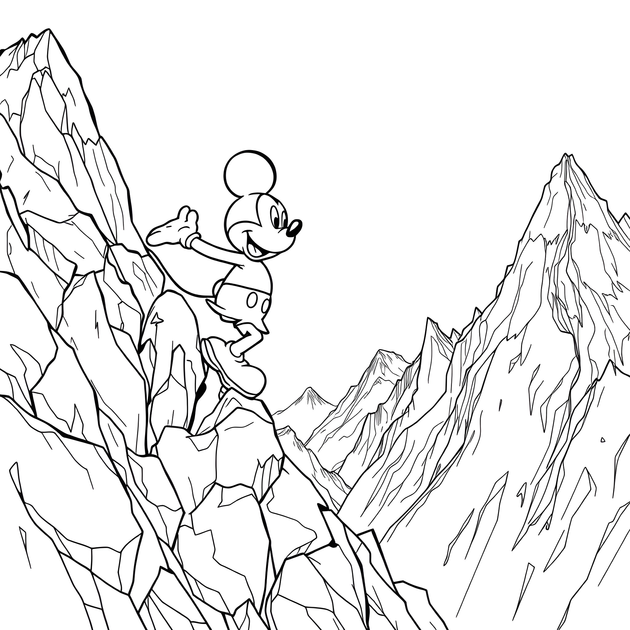 Mickey Mouse climbing on rocky mountains Coloring Page (free black-and-white line drawing printable PDF for all, from beginners to advanced learners, including children, teens, adults, and seniors)