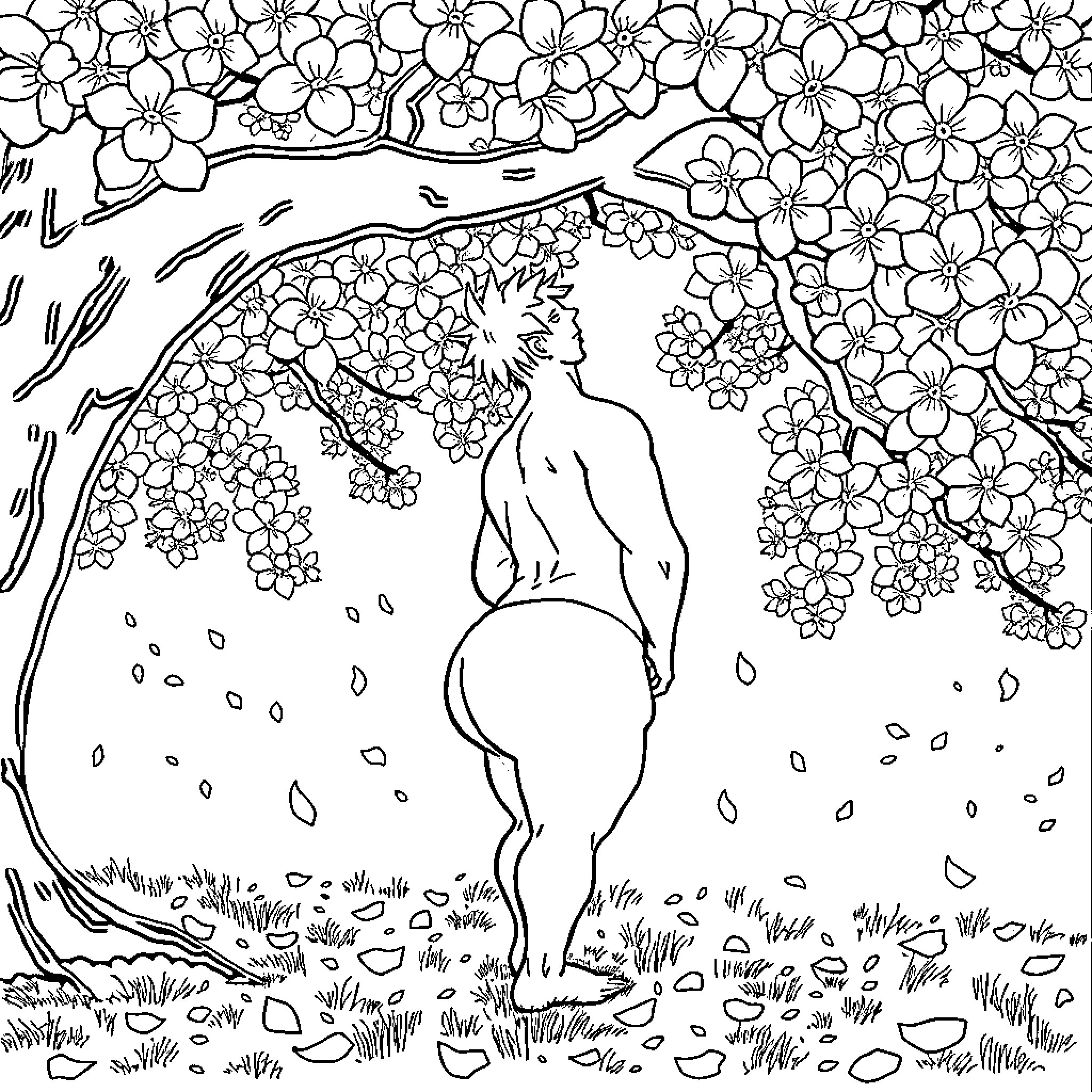 Femboy surrounded by blooming flowers in nature Coloring Page (free black-and-white line drawing printable PDF for all, from beginners to advanced learners, including children, teens, adults, and seniors)