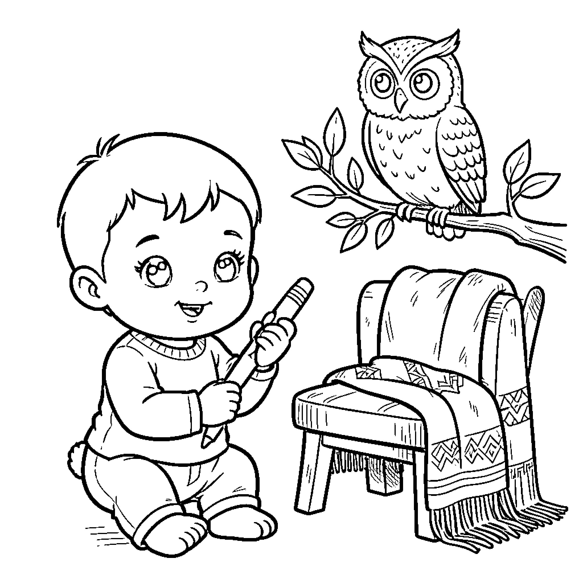 Bebe playing happily with owl in cozy room Coloring Page (free black-and-white line drawing printable PDF for all, from beginners to advanced learners, including children, teens, adults, and seniors)