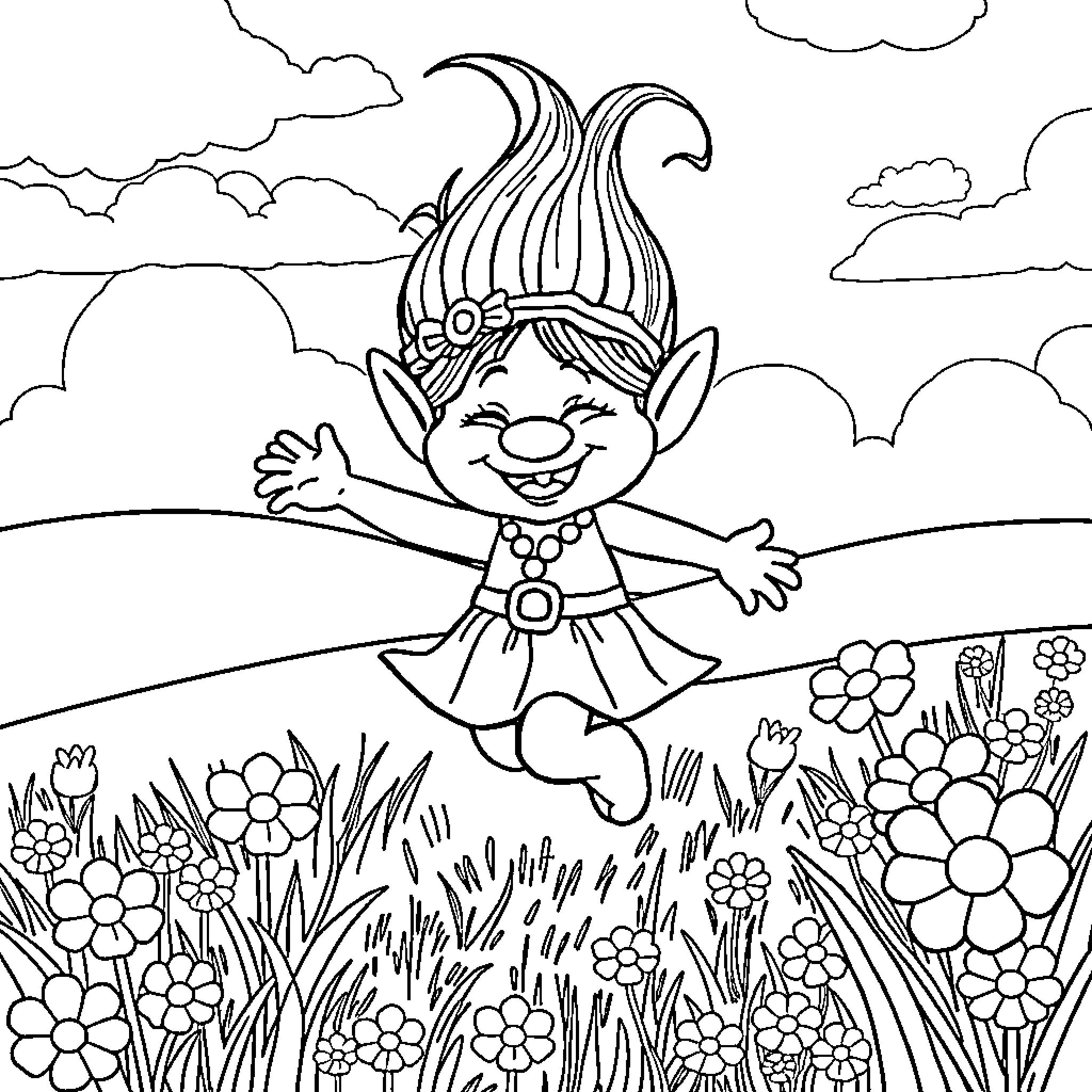 Poppy character jumping happily in floral meadow Coloring Page (free black-and-white line drawing printable PDF for all, from beginners to advanced learners, including children, teens, adults, and seniors)