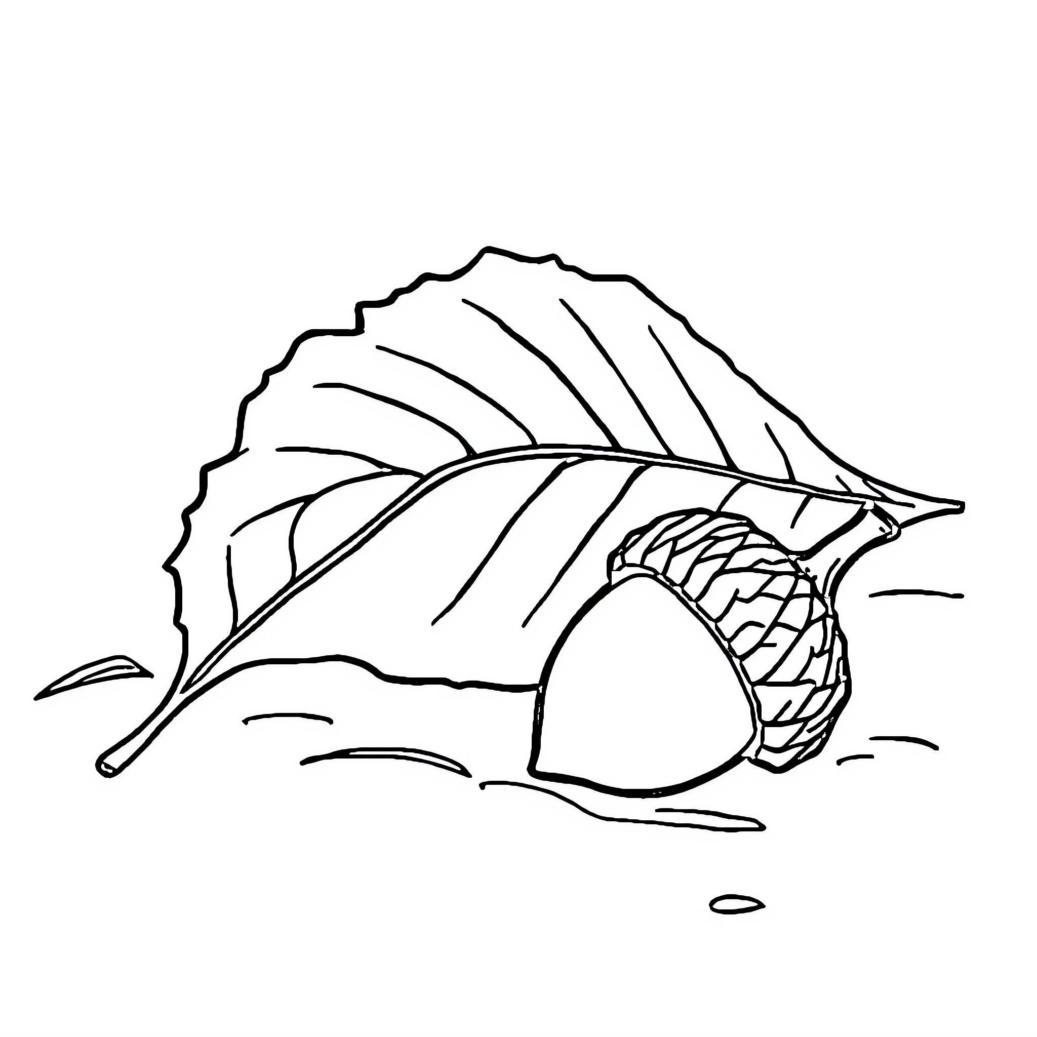 Leaf with a hidden acorn Coloring Page (free black-and-white line drawing printable PDF for all, from beginners to advanced learners, including children, teens, adults, and seniors)