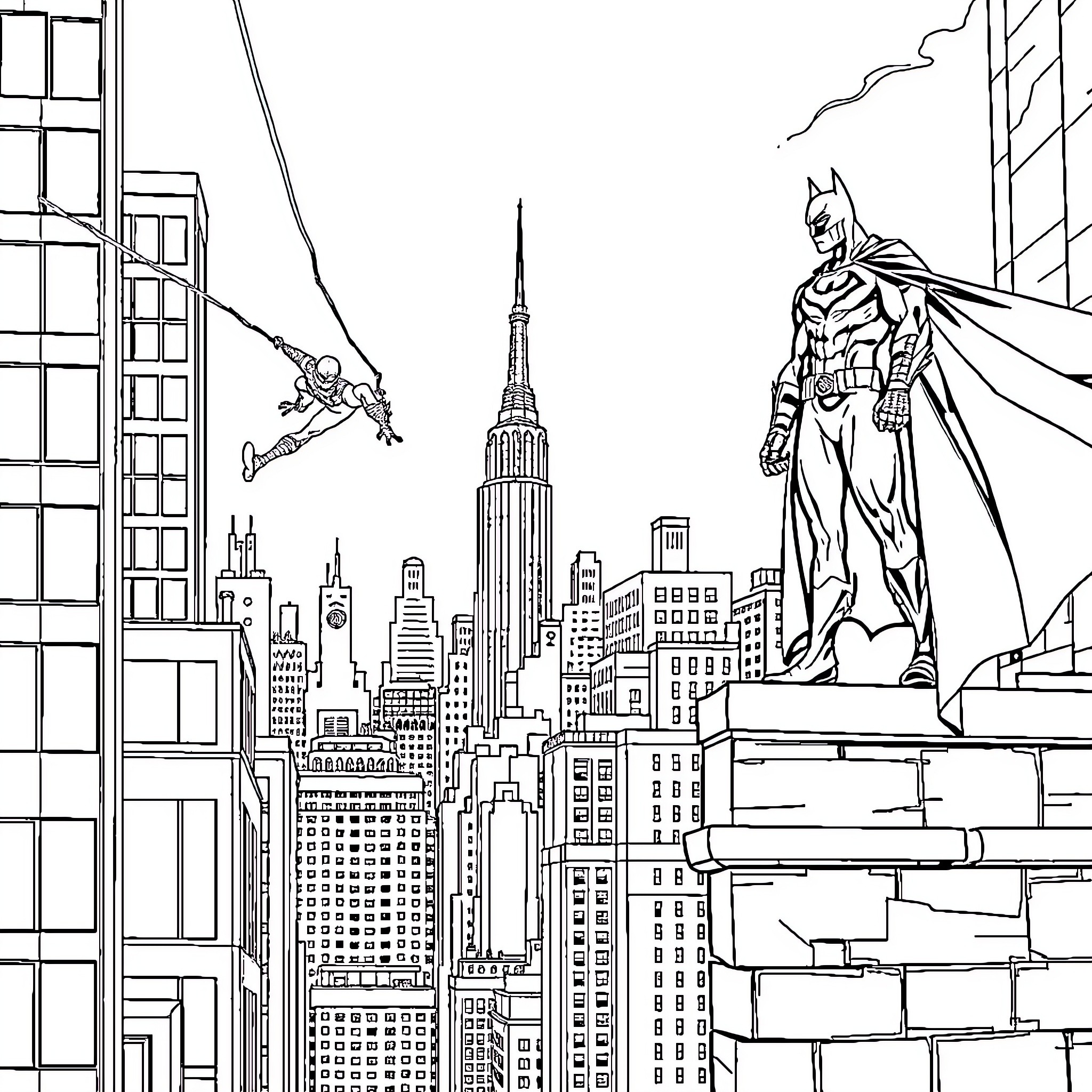 Superhero Soaring Over Bustling City Skyline Coloring Page (free black-and-white line drawing printable PDF for all, from beginners to advanced learners, including children, teens, adults, and seniors)
