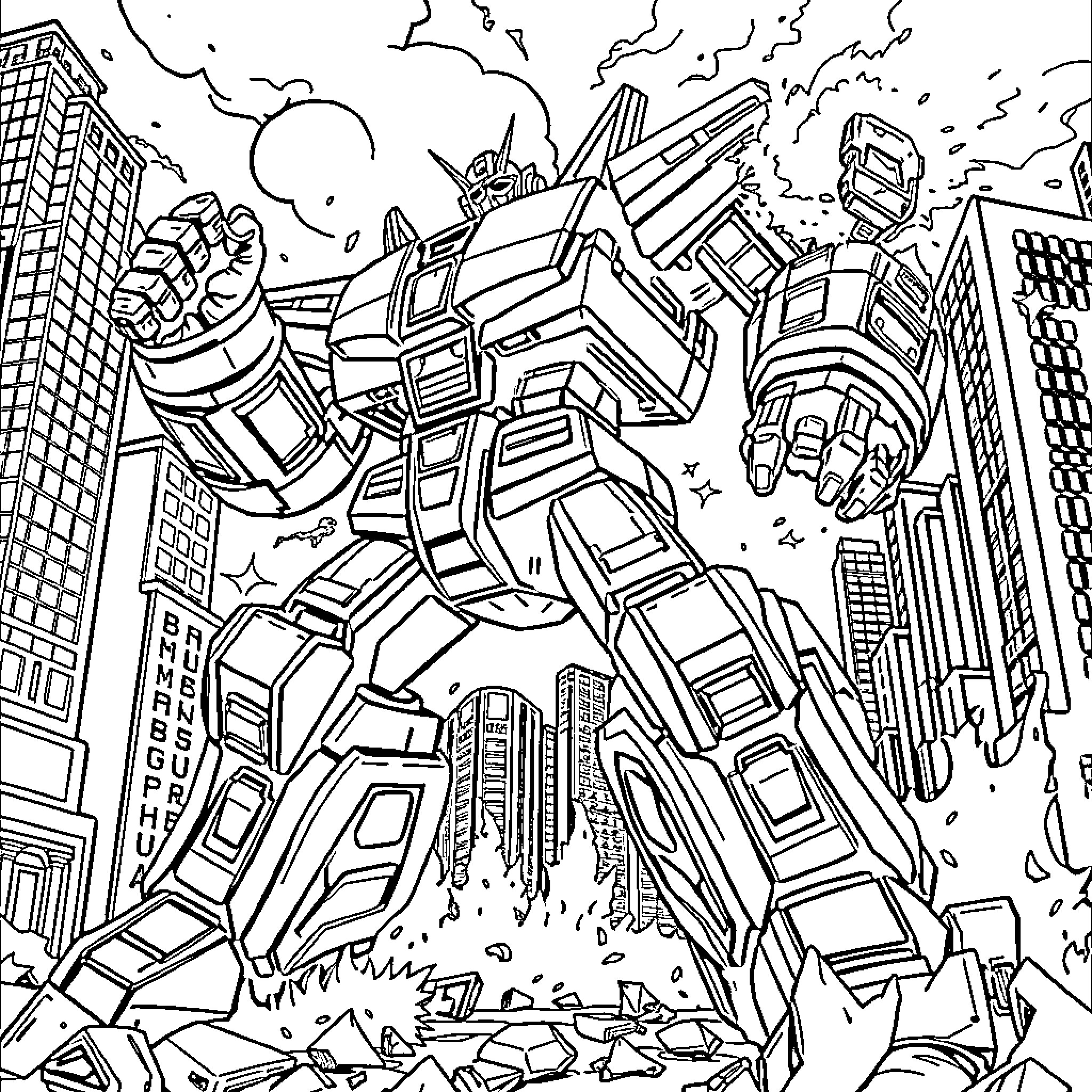 Megazord unleashes powerful attack in the city Coloring Page (free black-and-white line drawing printable PDF for all, from beginners to advanced learners, including children, teens, adults, and seniors)