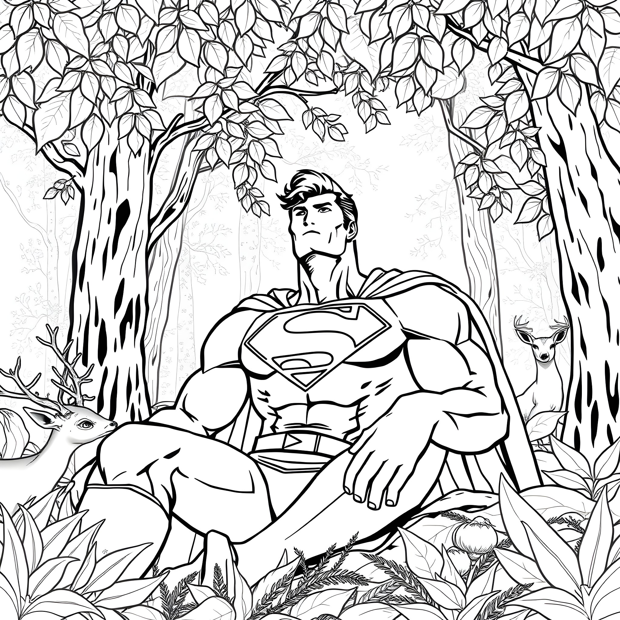 Superman resting in the peaceful forest Coloring Page (free black-and-white line drawing printable PDF for all, from beginners to advanced learners, including children, teens, adults, and seniors)