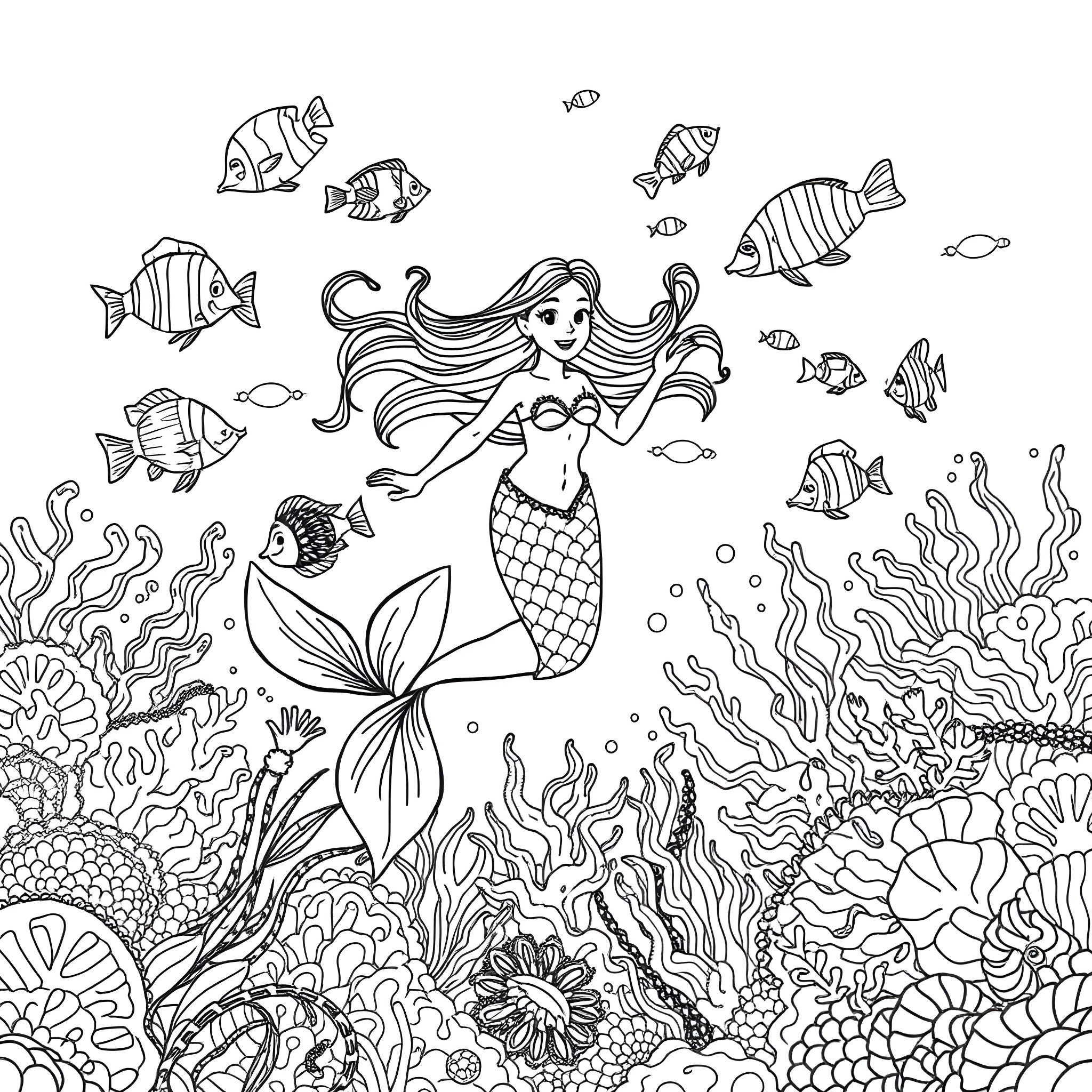 Mermaid swimming among colorful marine life Coloring Page (free black-and-white line drawing printable PDF for all, from beginners to advanced learners, including children, teens, adults, and seniors)