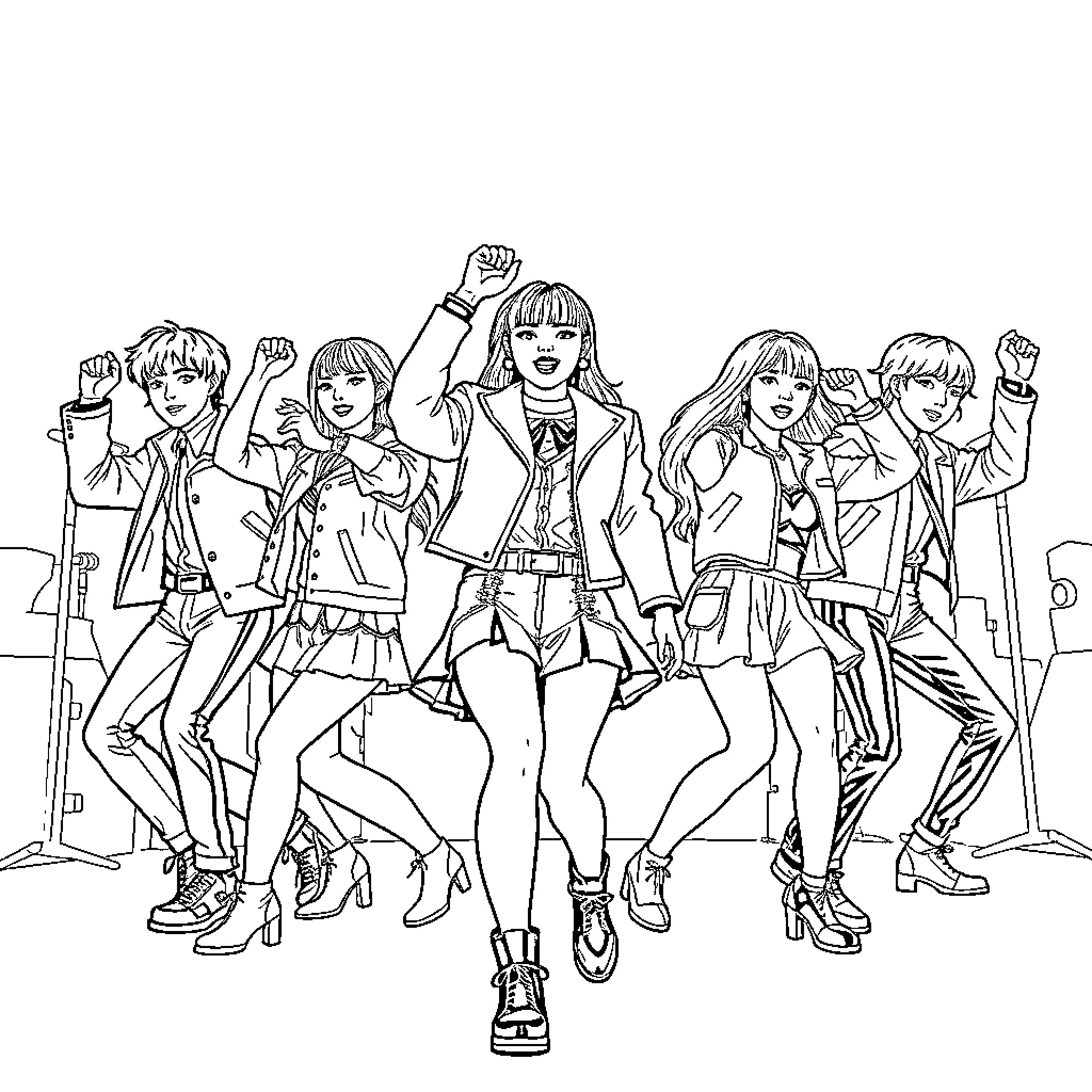 K Pop Performers Energetically Dancing on Stage Coloring Page (free black-and-white line drawing printable PDF for all, from beginners to advanced learners, including children, teens, adults, and seniors)