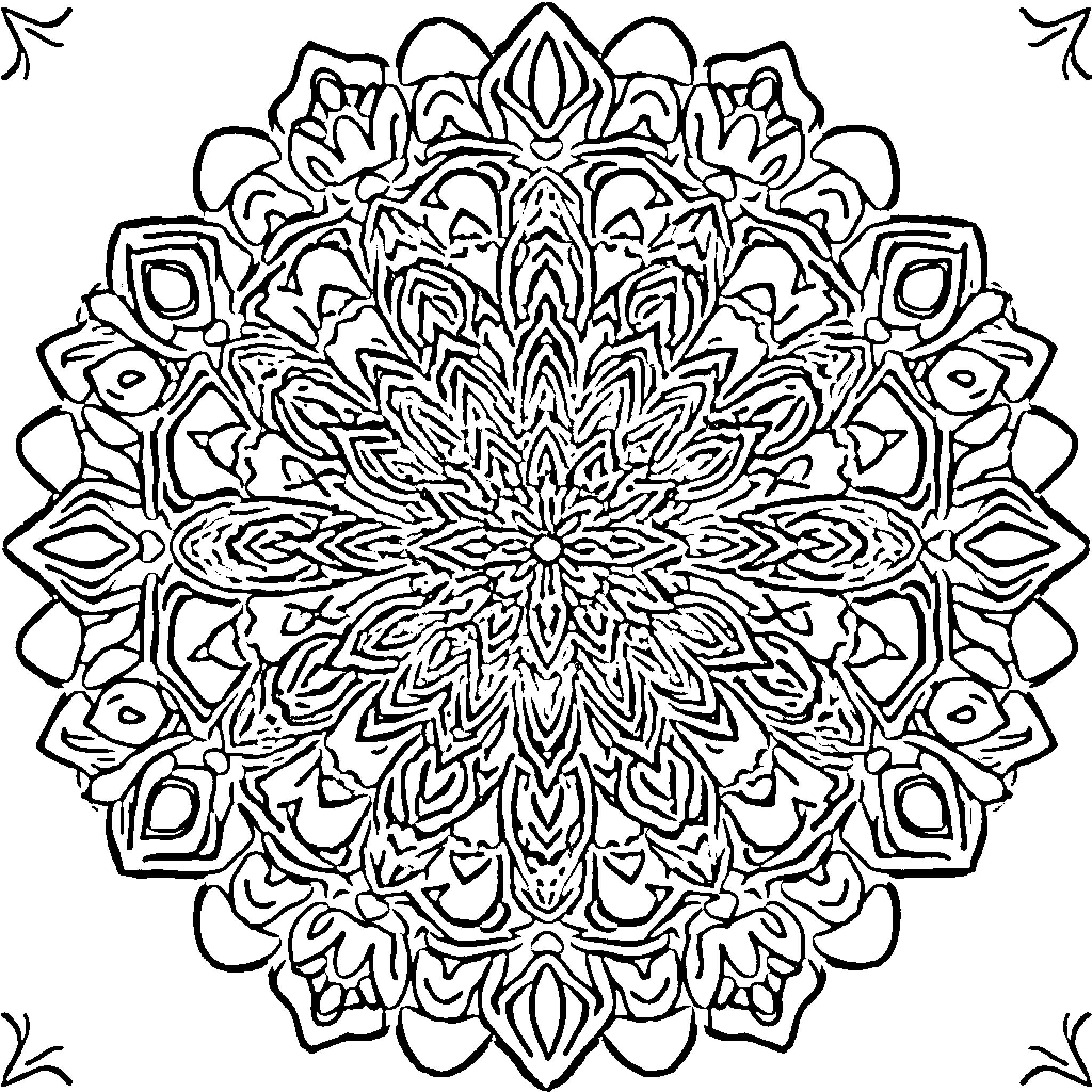 Mandala of intricate floral patterns Coloring Page (free black-and-white line drawing printable PDF for all, from beginners to advanced learners, including children, teens, adults, and seniors)