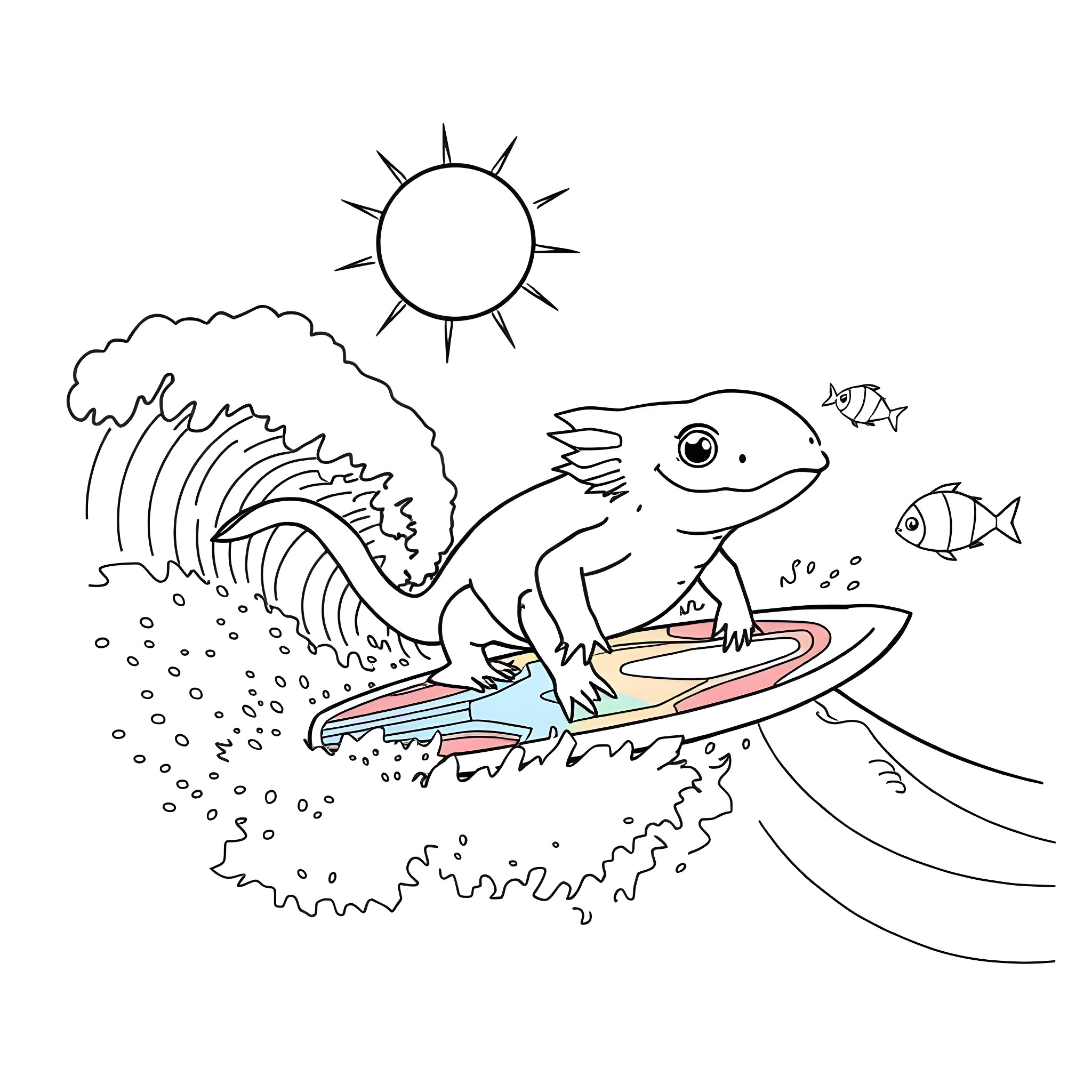 Axolotl enjoying the surf and sun Coloring Page (free black-and-white line drawing printable PDF for all, from beginners to advanced learners, including children, teens, adults, and seniors)