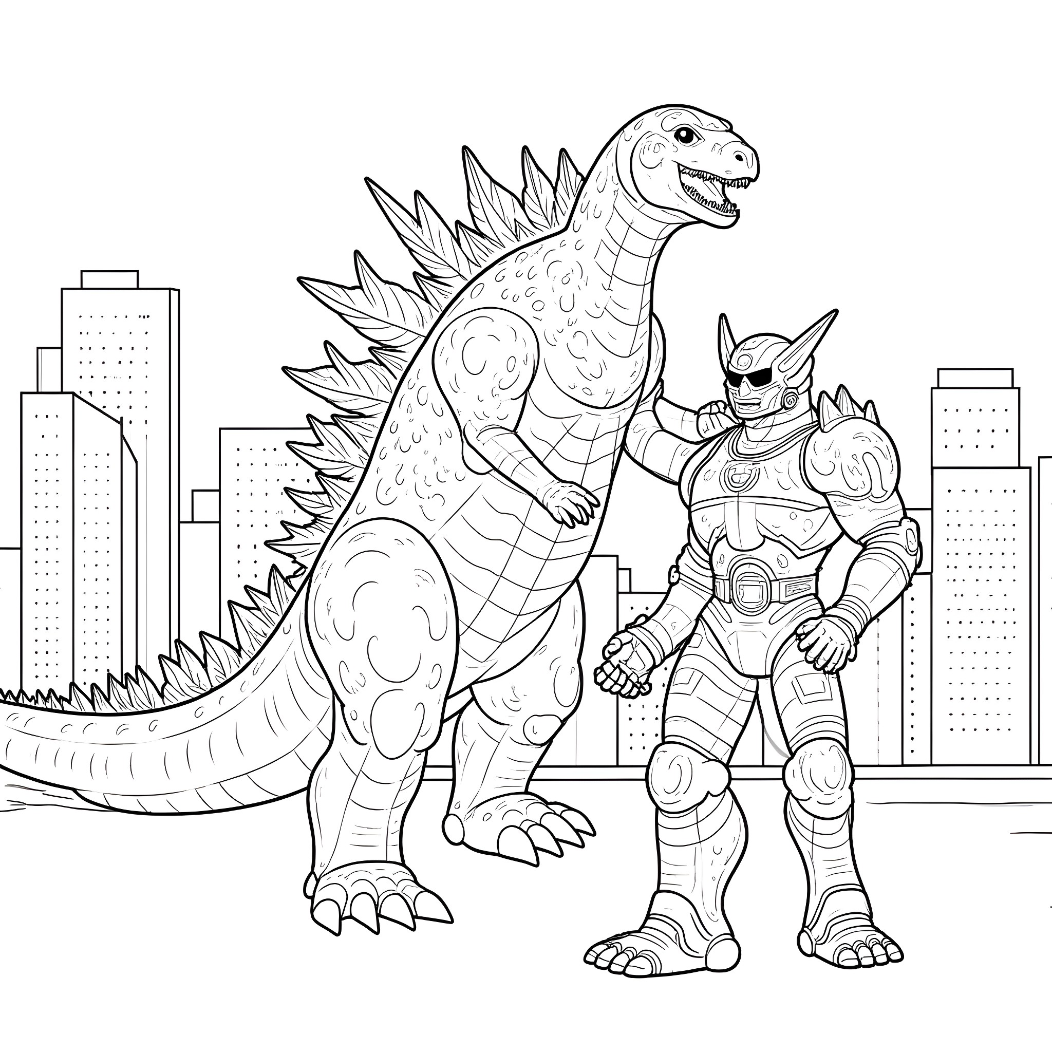 Godzilla facing off against a giant robot in the city Coloring Page (free black-and-white line drawing printable PDF for all, from beginners to advanced learners, including children, teens, adults, and seniors)