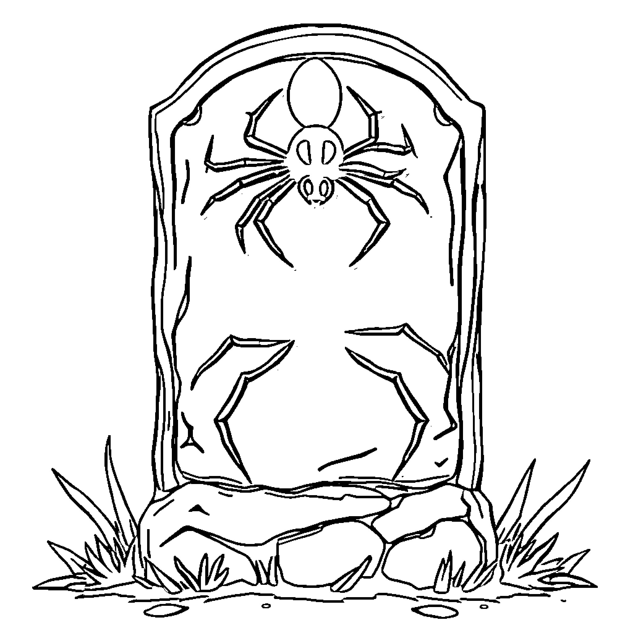 Tombstone with a creepy spider design Coloring Page (free black-and-white line drawing printable PDF for all, from beginners to advanced learners, including children, teens, adults, and seniors)
