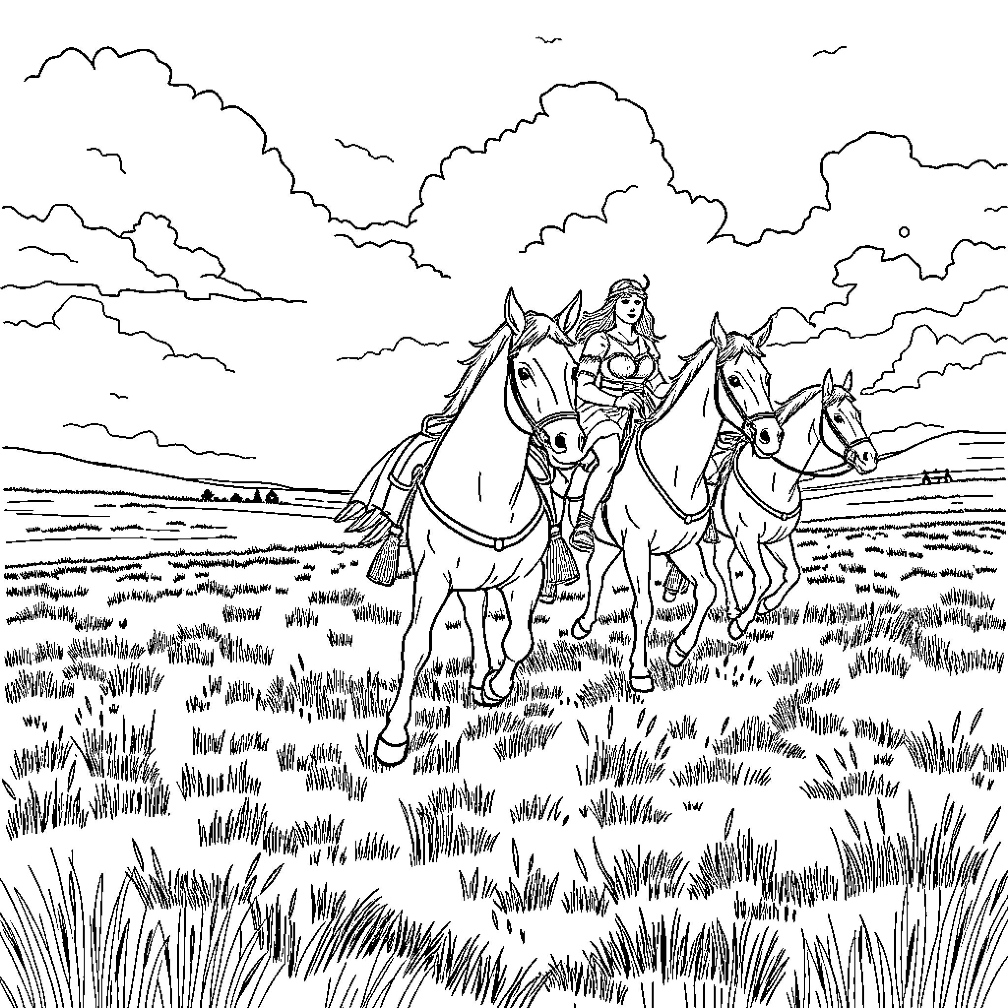 Viking Woman Riding Horses Across Countryside Coloring Page (free black-and-white line drawing printable PDF for all, from beginners to advanced learners, including children, teens, adults, and seniors)